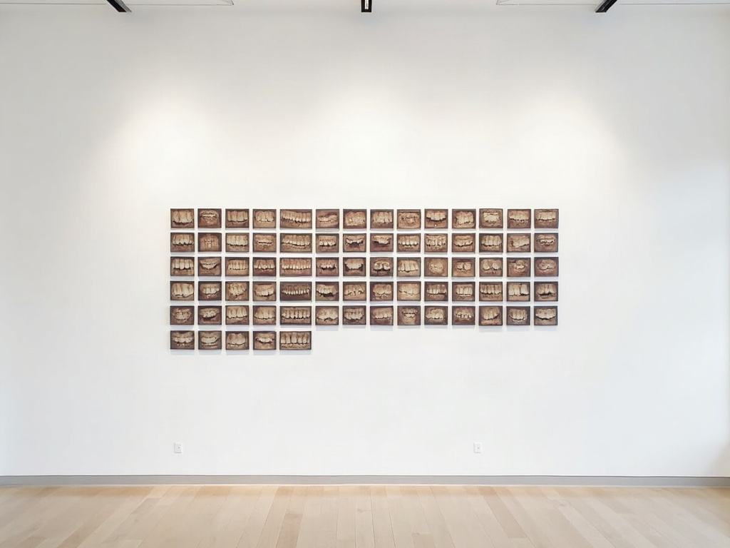 A gallery wall hung with a consistent grid of identically formatted clinical dental photographs shown as one collection