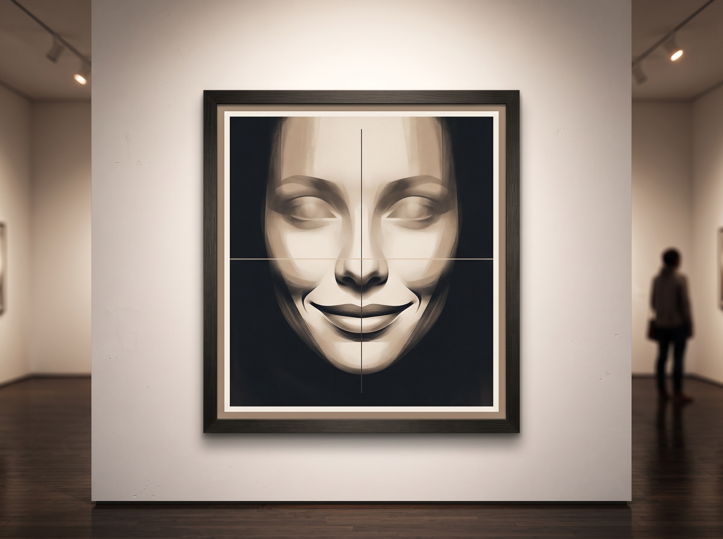 A composed portrait crossed by a fine vertical midline and a level horizontal line establishing symmetry and horizon