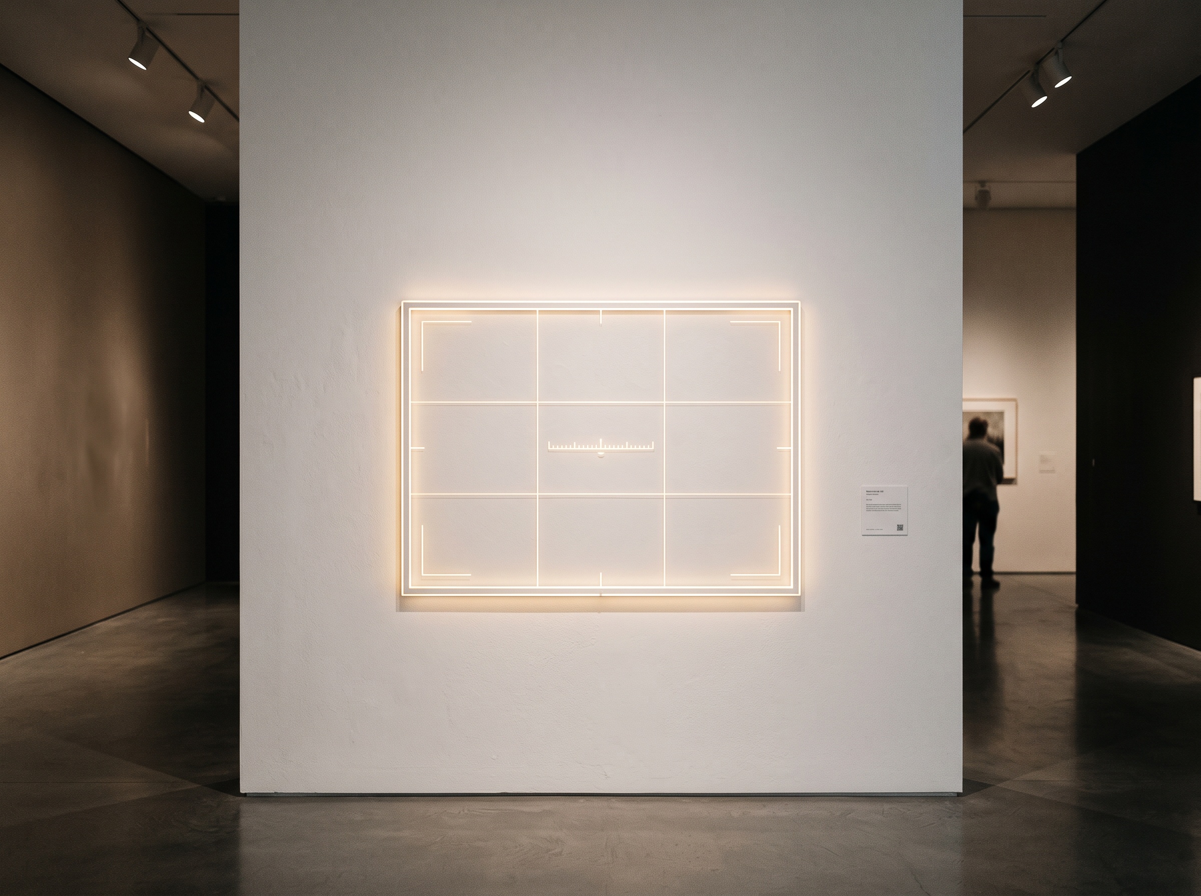 A luminous viewfinder frame with delicate framing guides and a level indicator floating in gallery space