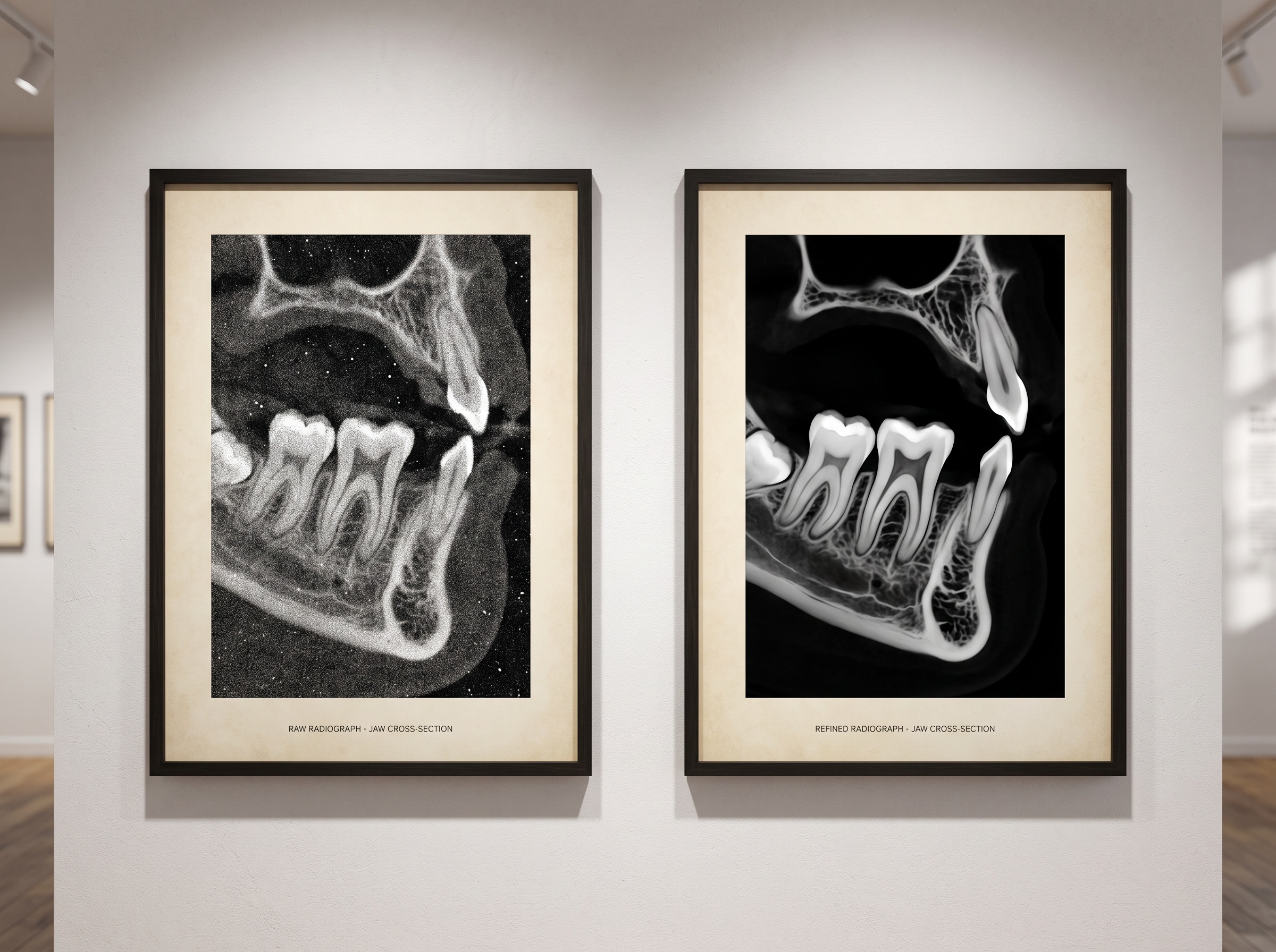 Two framed CBCT slices side by side, one noisy and one denoised