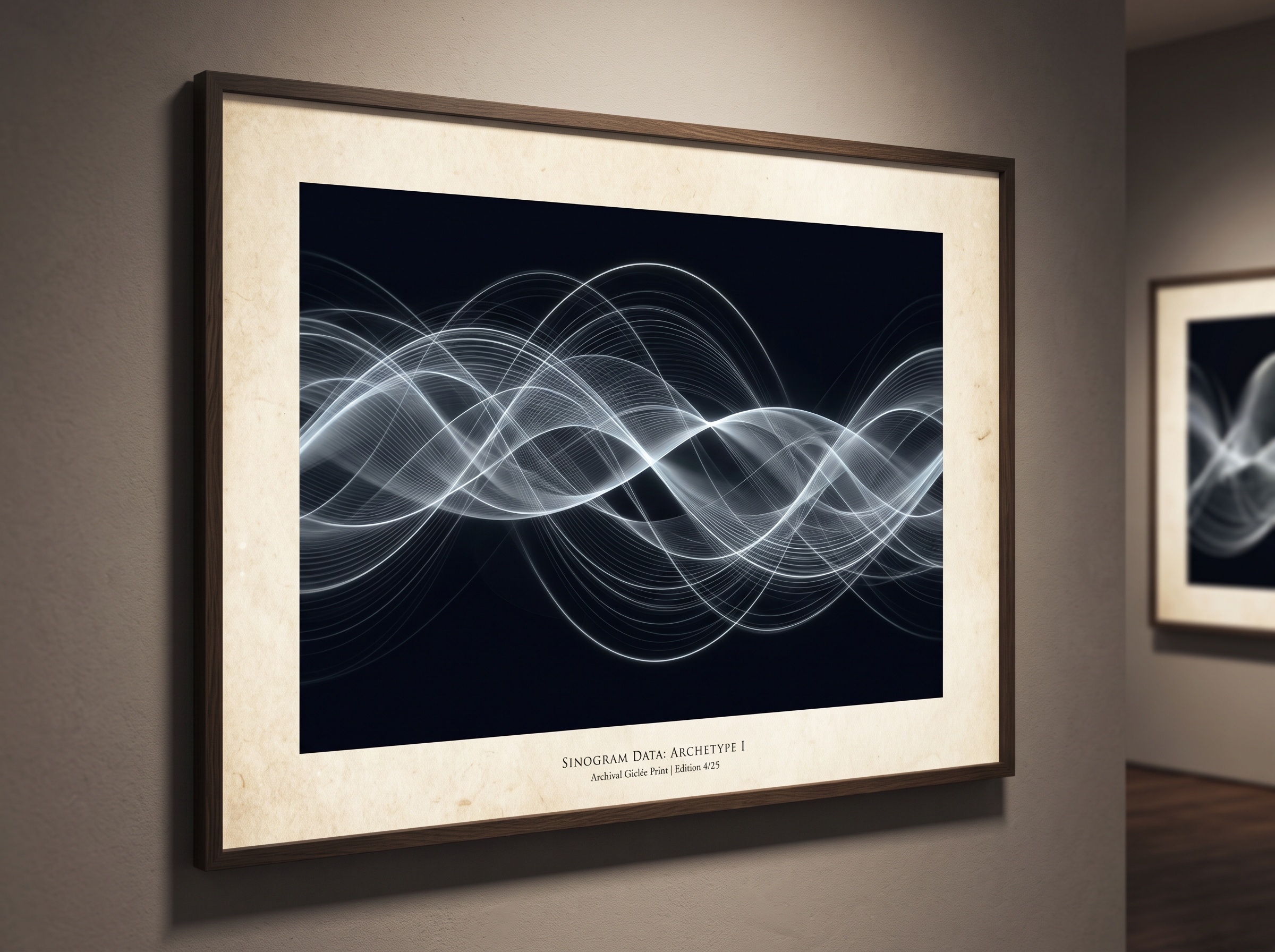 A sinogram of X-ray projection data rendered as framed abstract art