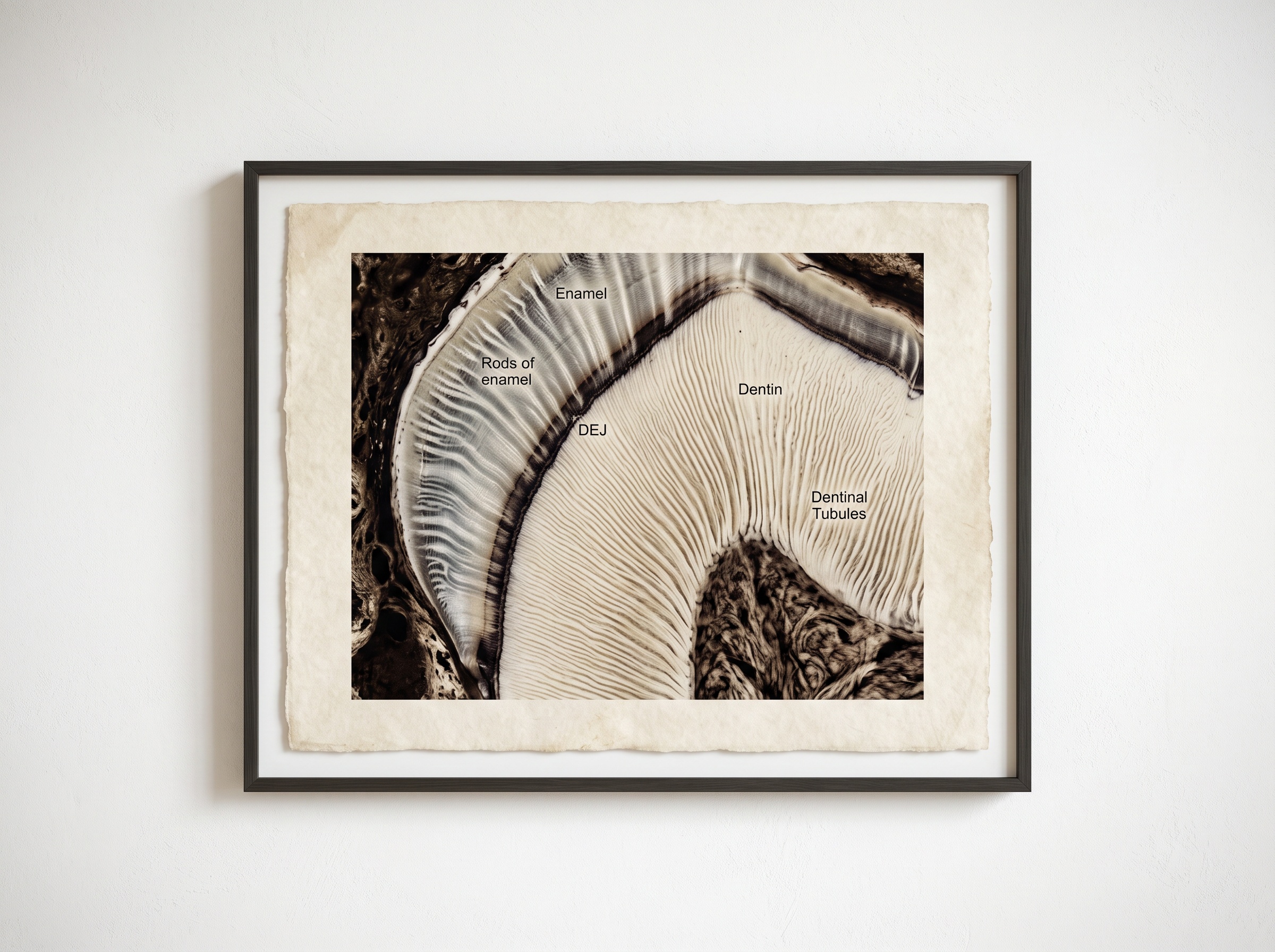 A high-resolution macro cross-section of enamel and dentin presented as fine-art print