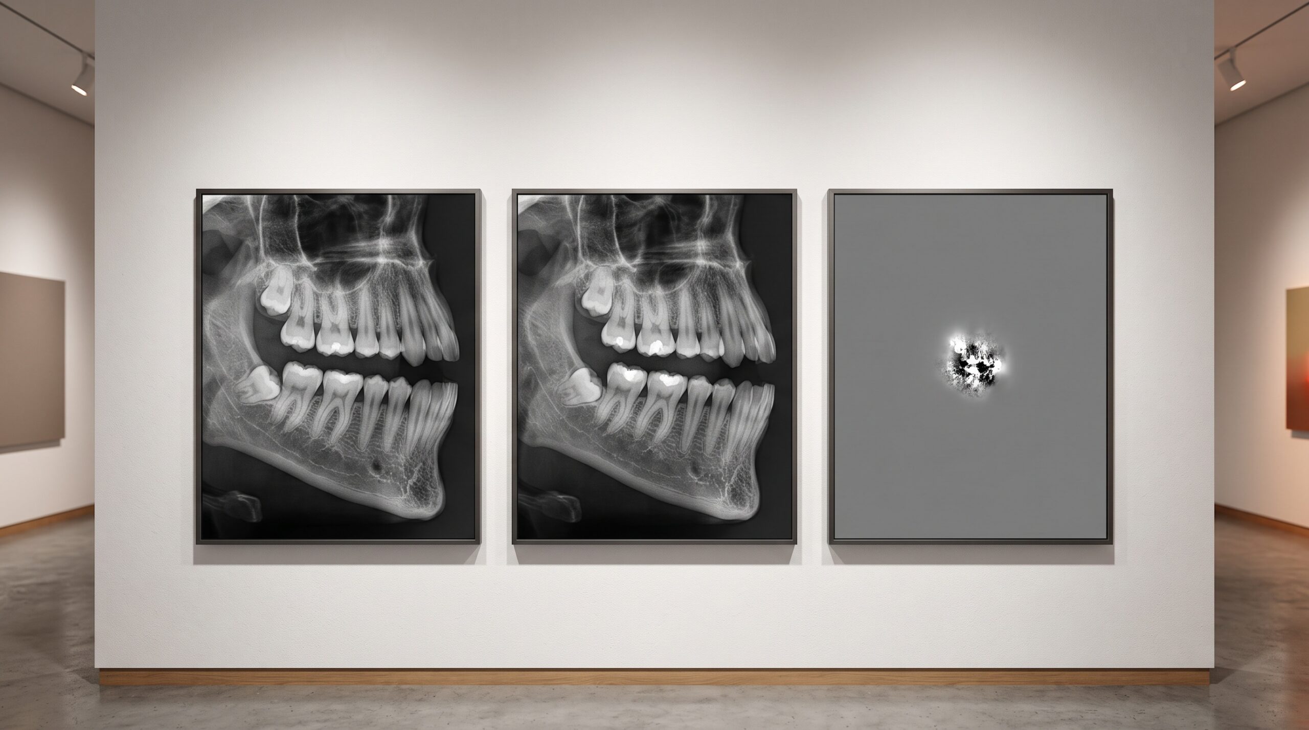 A gallery triptych: two near-identical bone radiographs and a third flat-grey panel showing only the glowing region where they differ