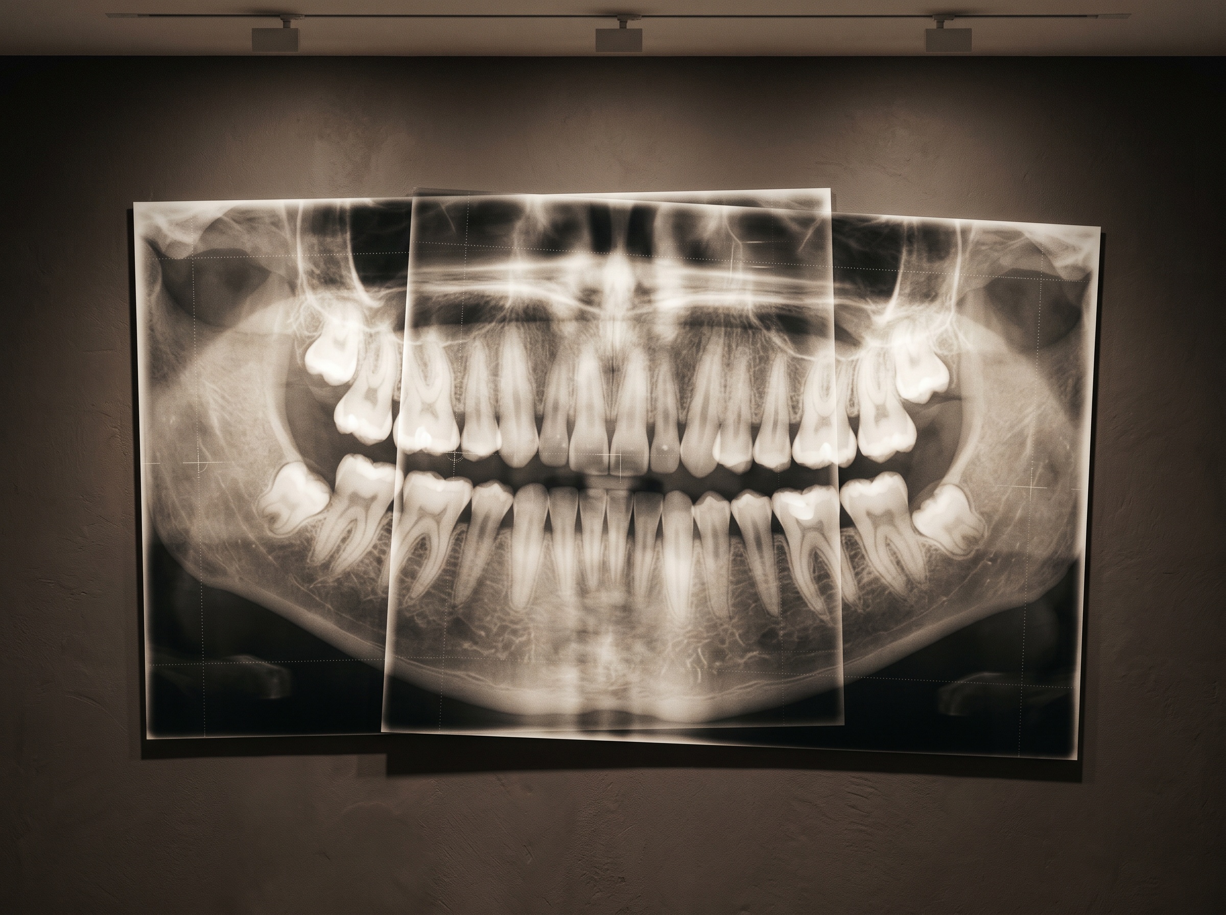 Two translucent tooth radiographs being rotated into perfect alignment, one slightly offset, evoking image registration