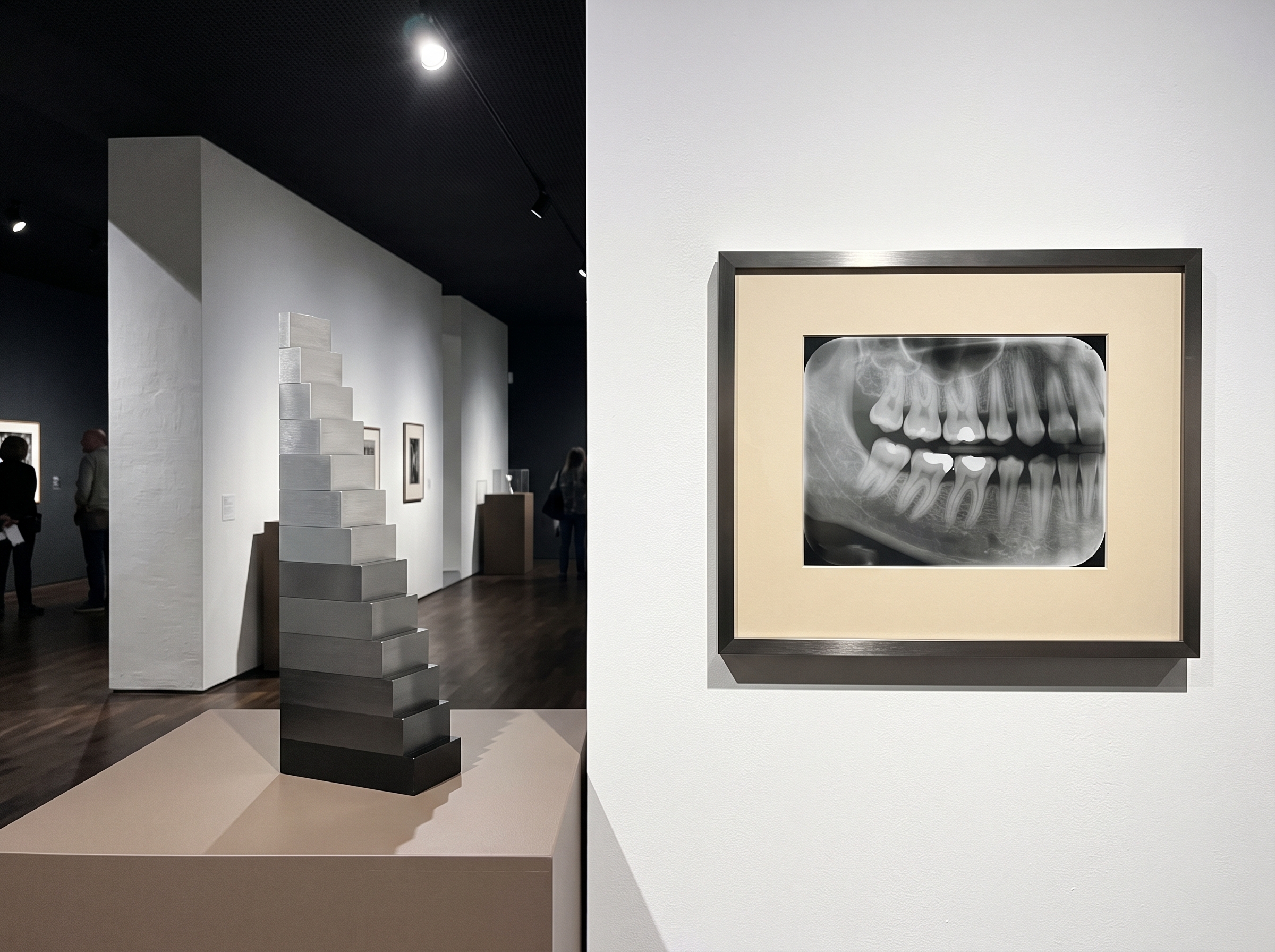 A calibrated aluminium step-wedge of ascending grey steps beside a dental radiograph, as a reference ruler of density