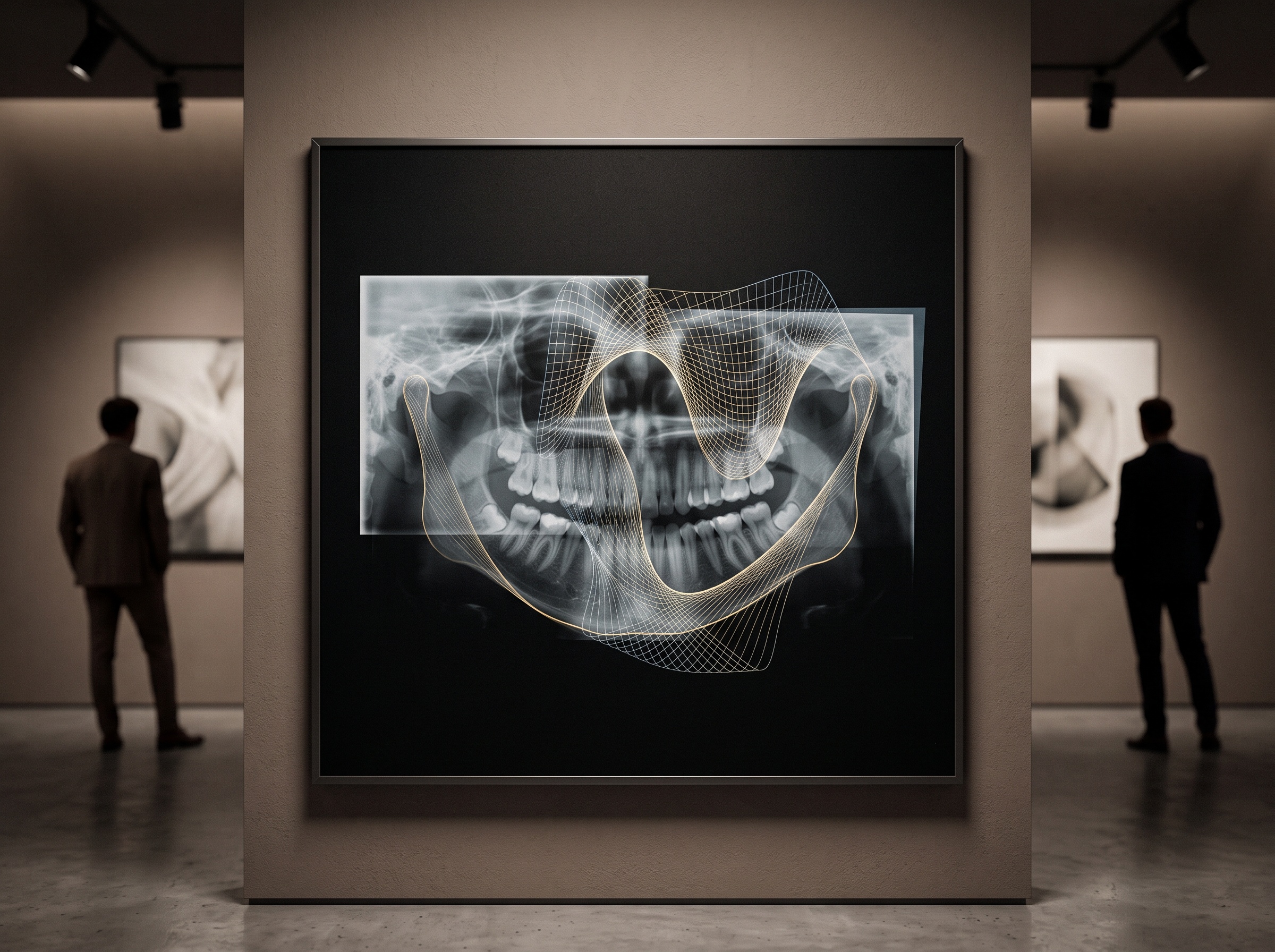 A luminous mesh of warping lines bending one radiograph into exact agreement with another, evoking automatic AI registration