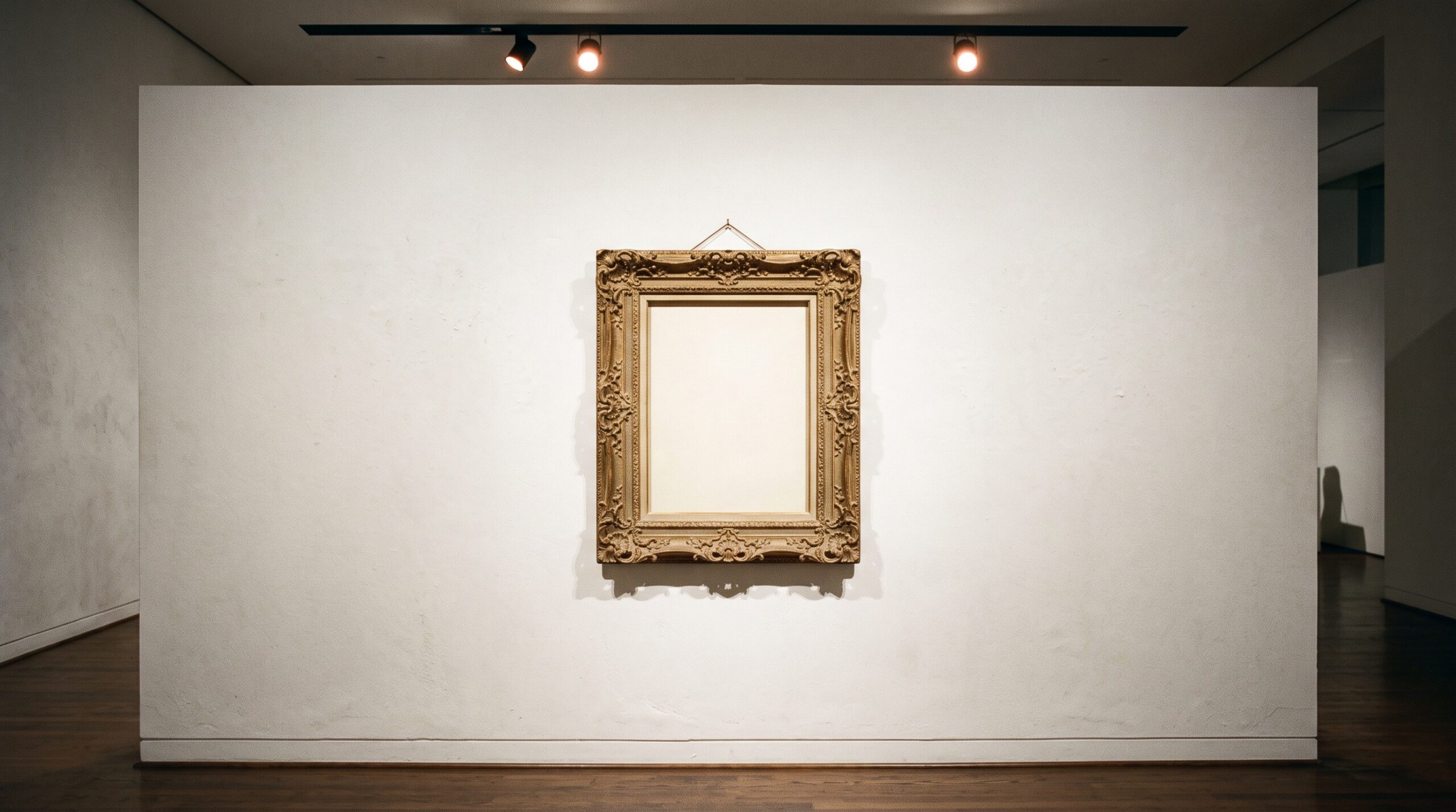 A single empty ornate frame on a gallery wall, evoking the radiograph deliberately not taken