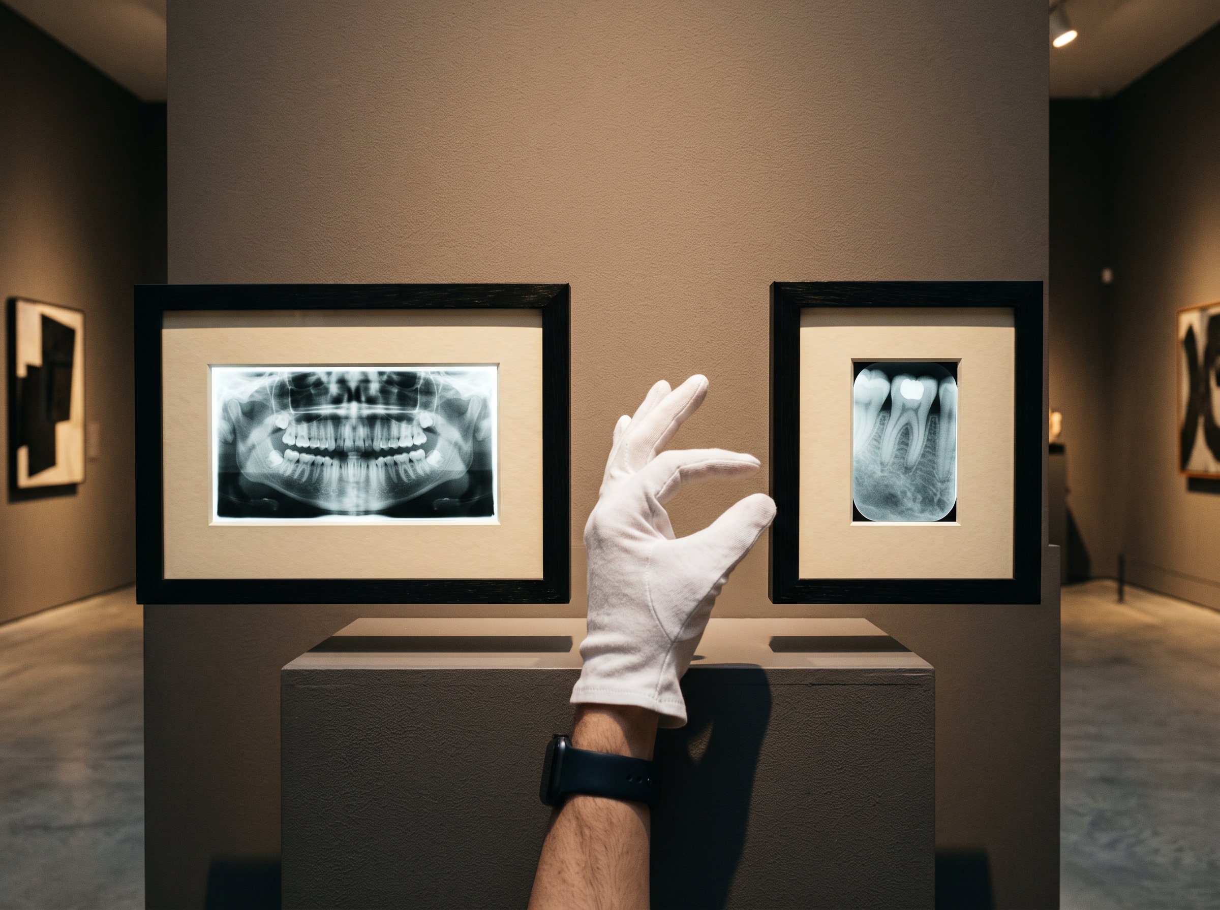 A gloved curator's hand choosing between a wide and a narrow framed dental radiograph