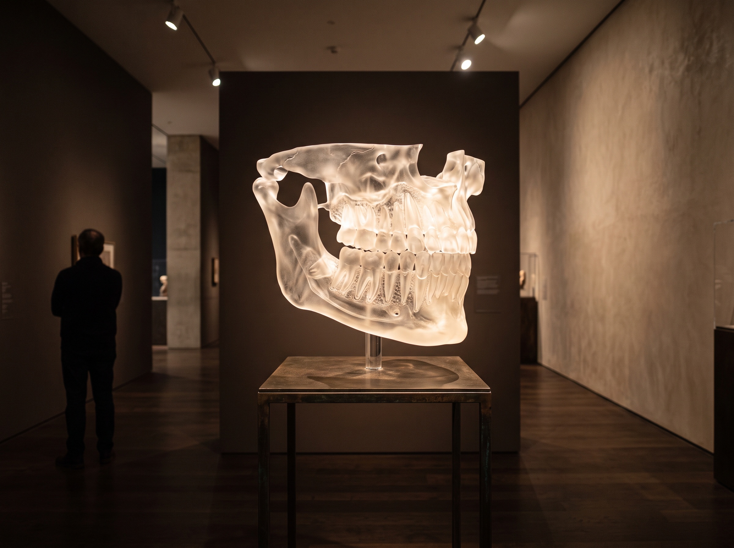 A translucent three-dimensional CBCT rendering of a jaw presented as luminous glass gallery sculpture