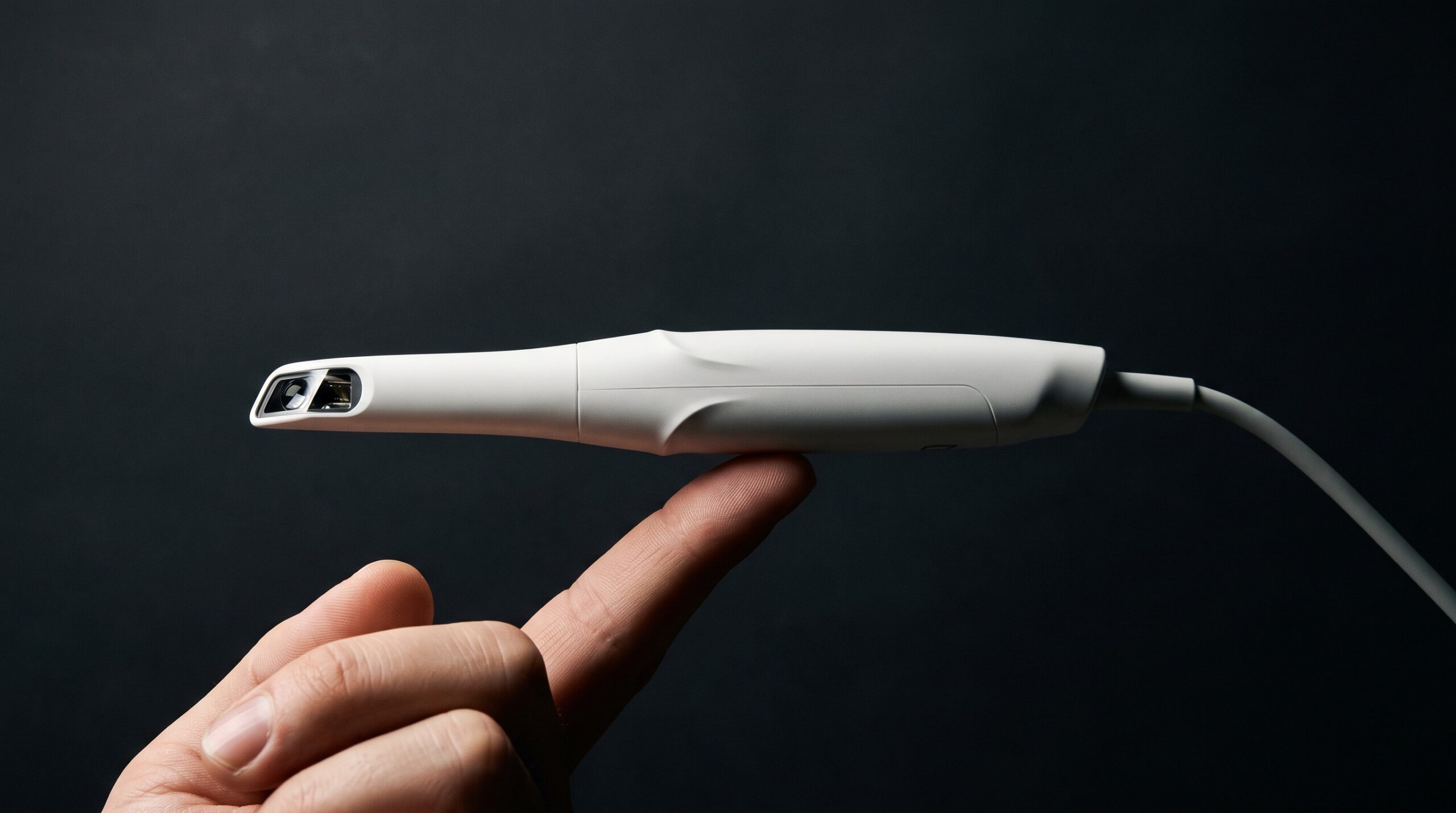 A slim pen-shaped intraoral scanner balanced across a single fingertip against a dark background