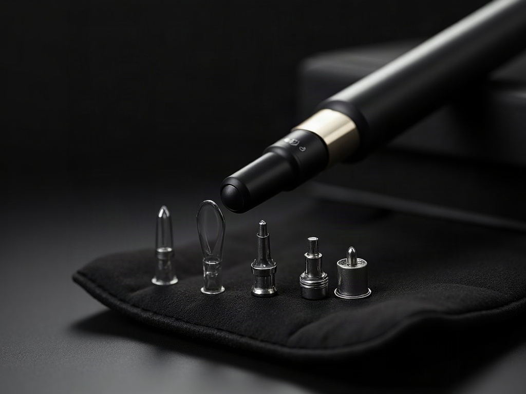 A slim intraoral scanner with a single cable beside three interchangeable scanning tips on black velvet