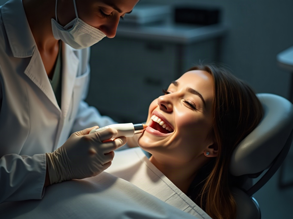 A clinician gliding a small lightweight scanner along a relaxed patient's arch in a calm operatory
