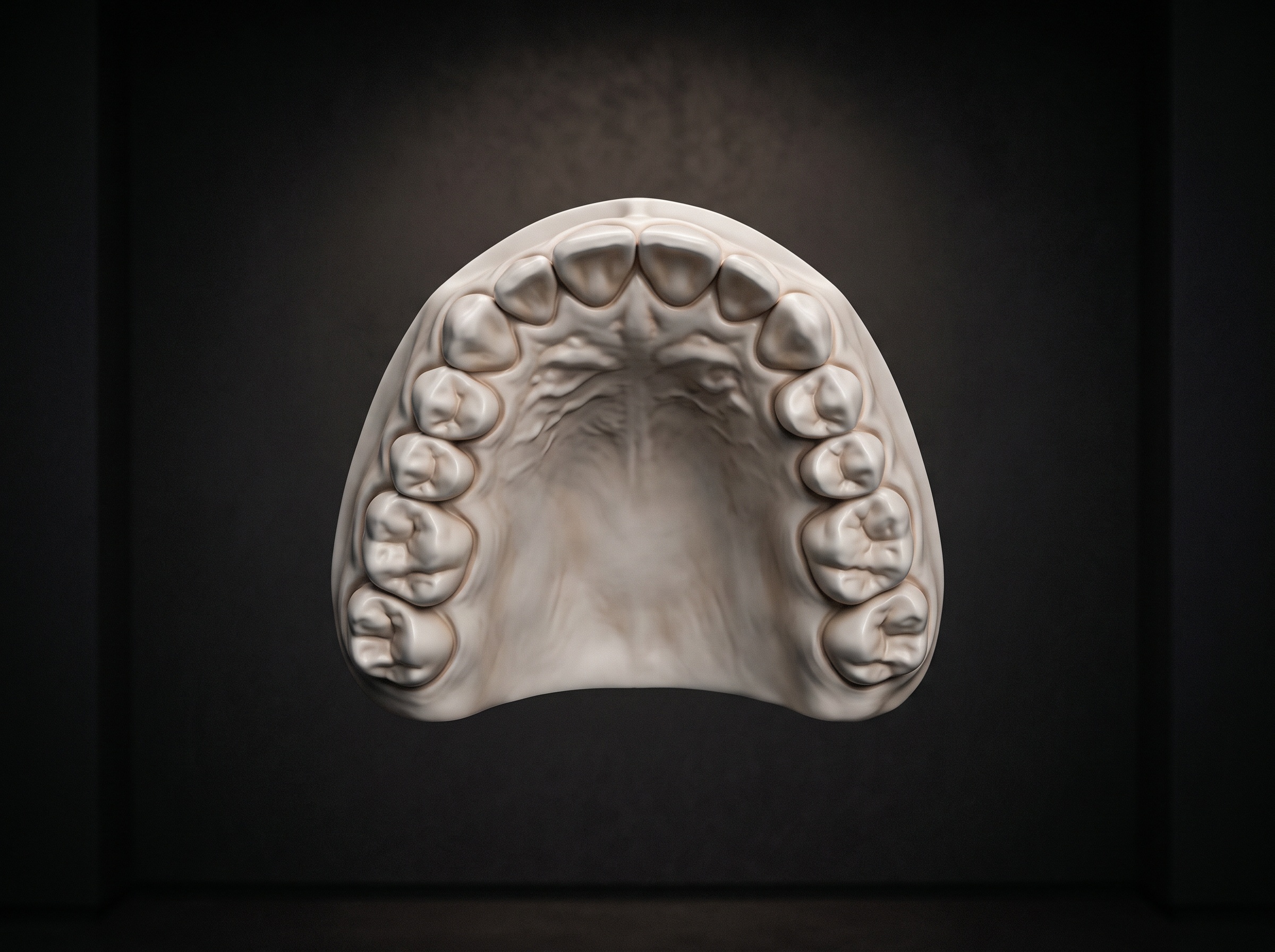 A luminous full-arch digital impression model floating against a dark gallery background