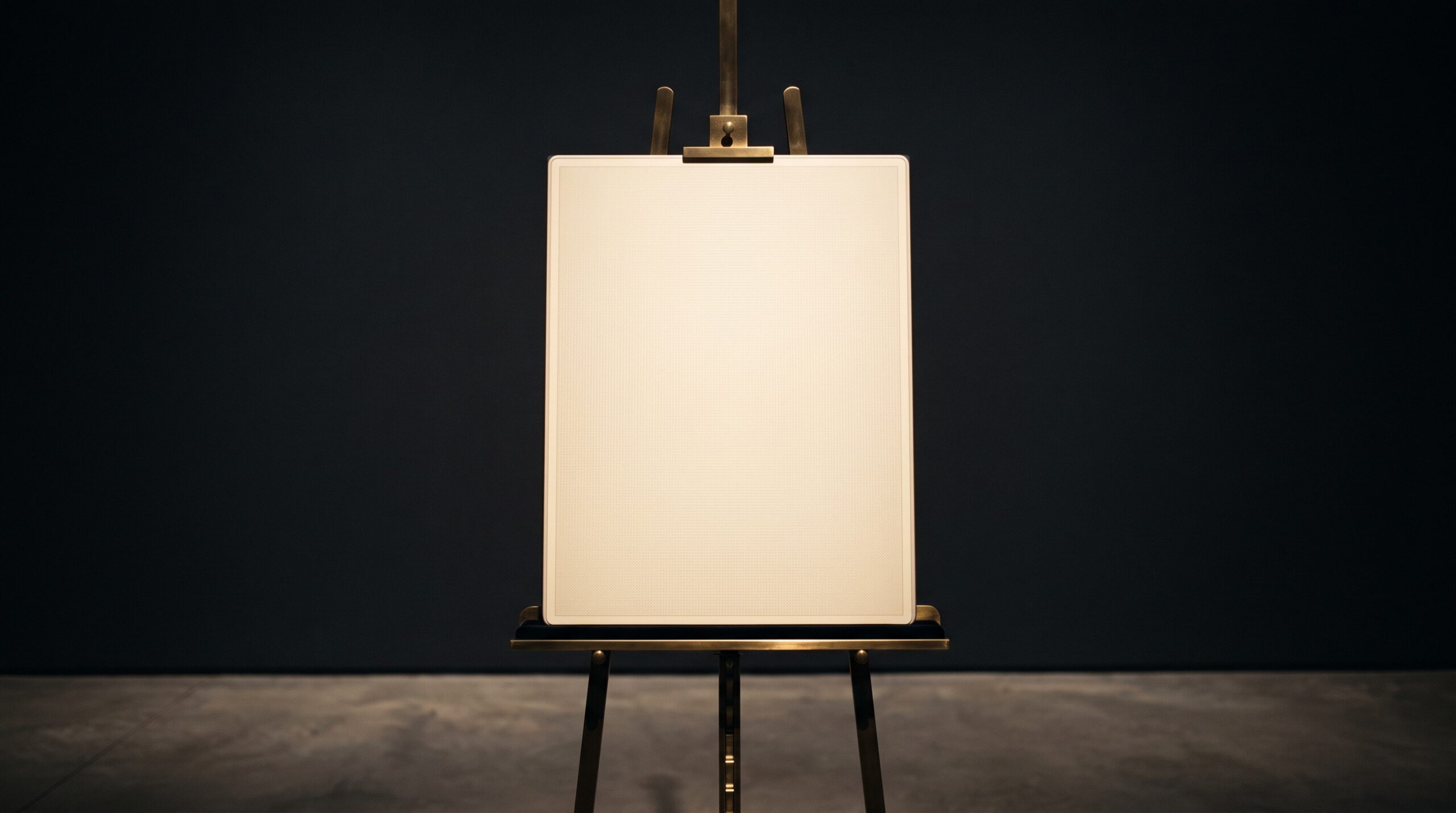 A blank digital x-ray sensor panel presented like a primed empty canvas on a brass easel under museum lighting, its surface a faint grain of countless cells.