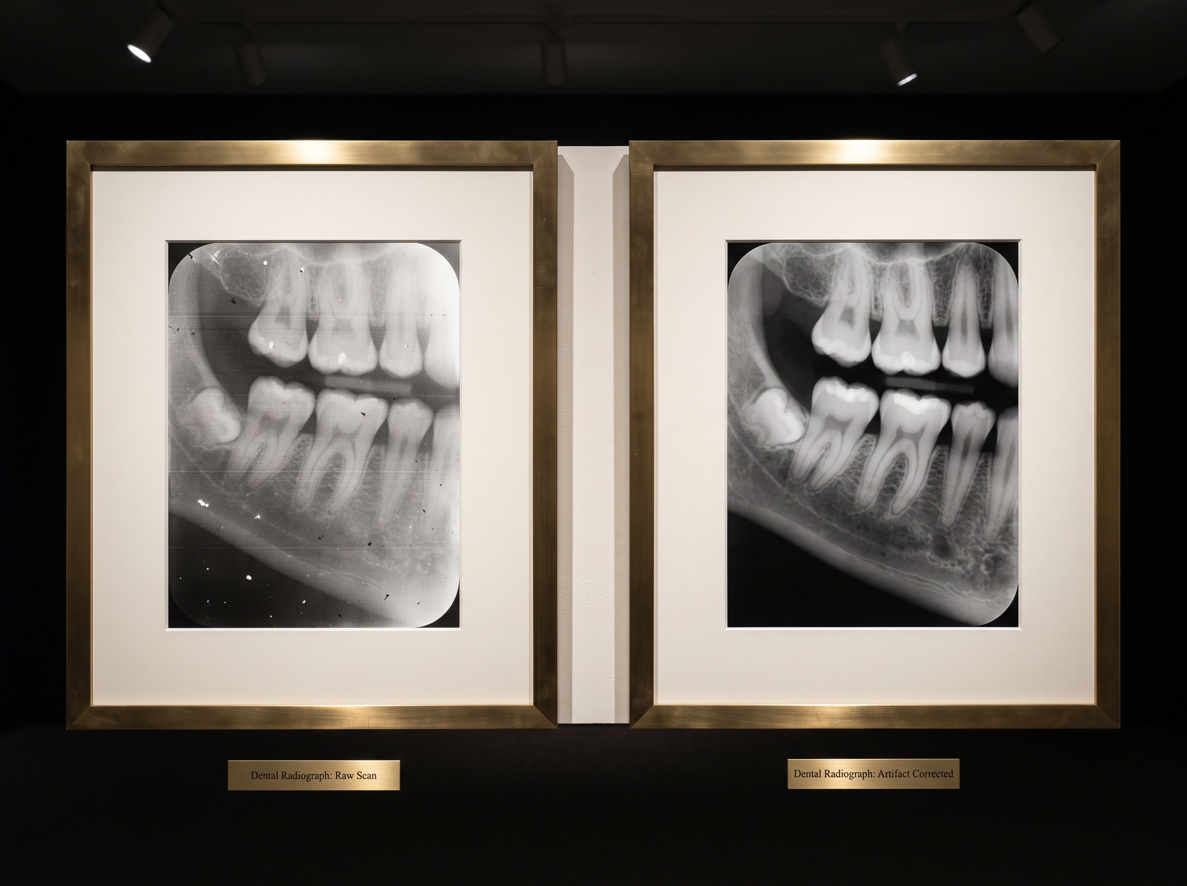 Two framed copies of the same dental radiograph - left marred by grid texture, gradient and specks, right clean and even after flat-field correction.