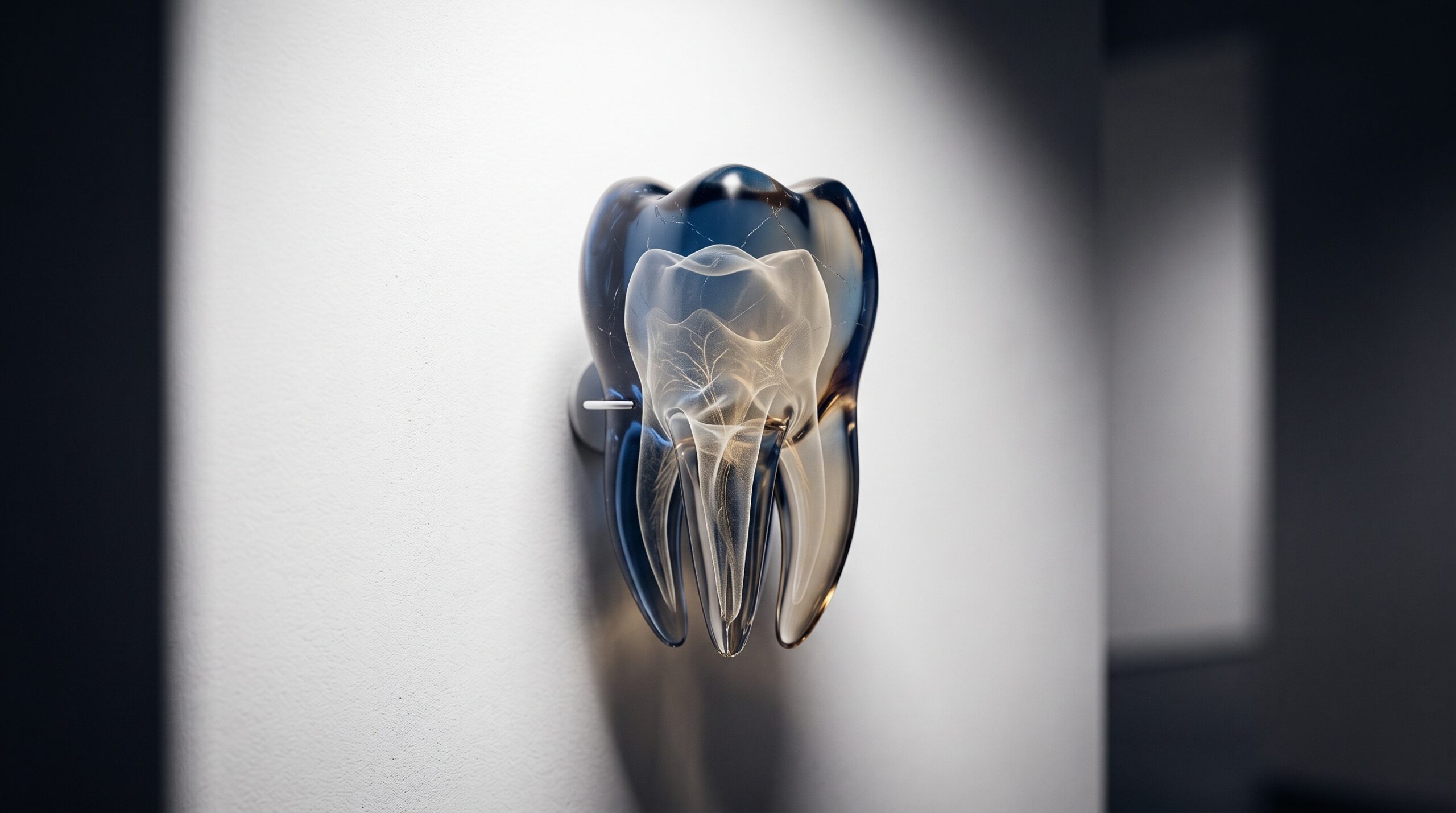 A single translucent tooth shown as a colour surface shell perfectly overlaid on a faint glowing interior of root and structure, aligned as one object