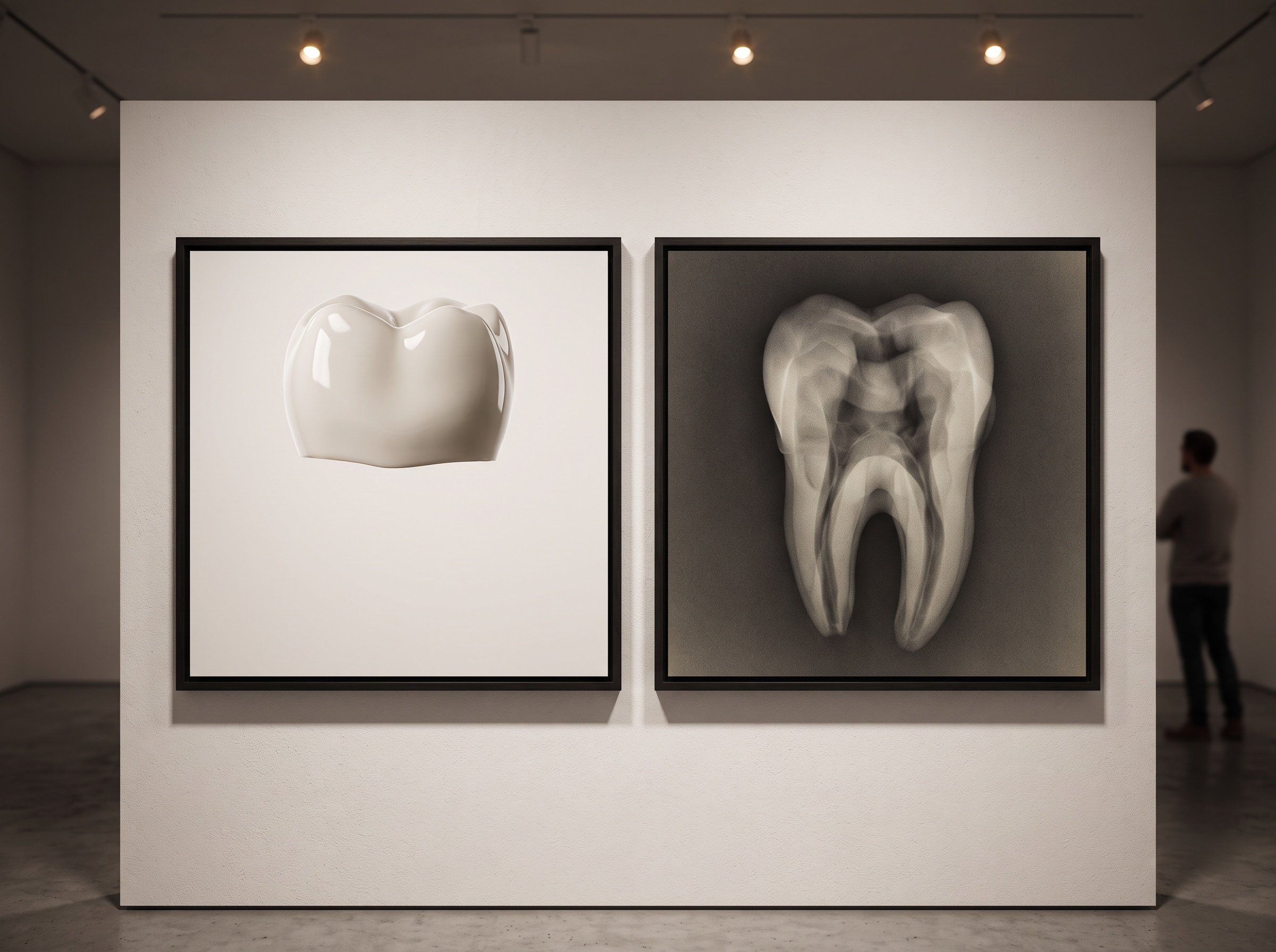 A diptych: a glossy colour surface cast with nothing below it beside a ghostly radiographic rendering showing roots but no true surface