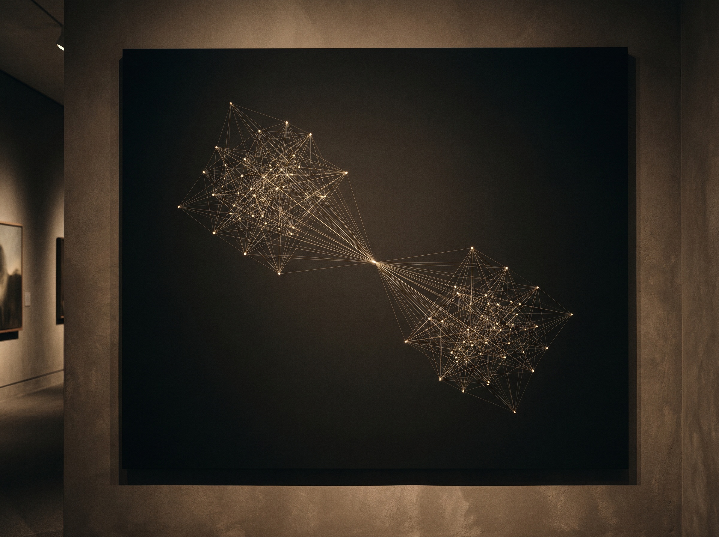 Two identical constellations of glowing points sliding and rotating into perfect alignment, corresponding points drawn together by fine threads
