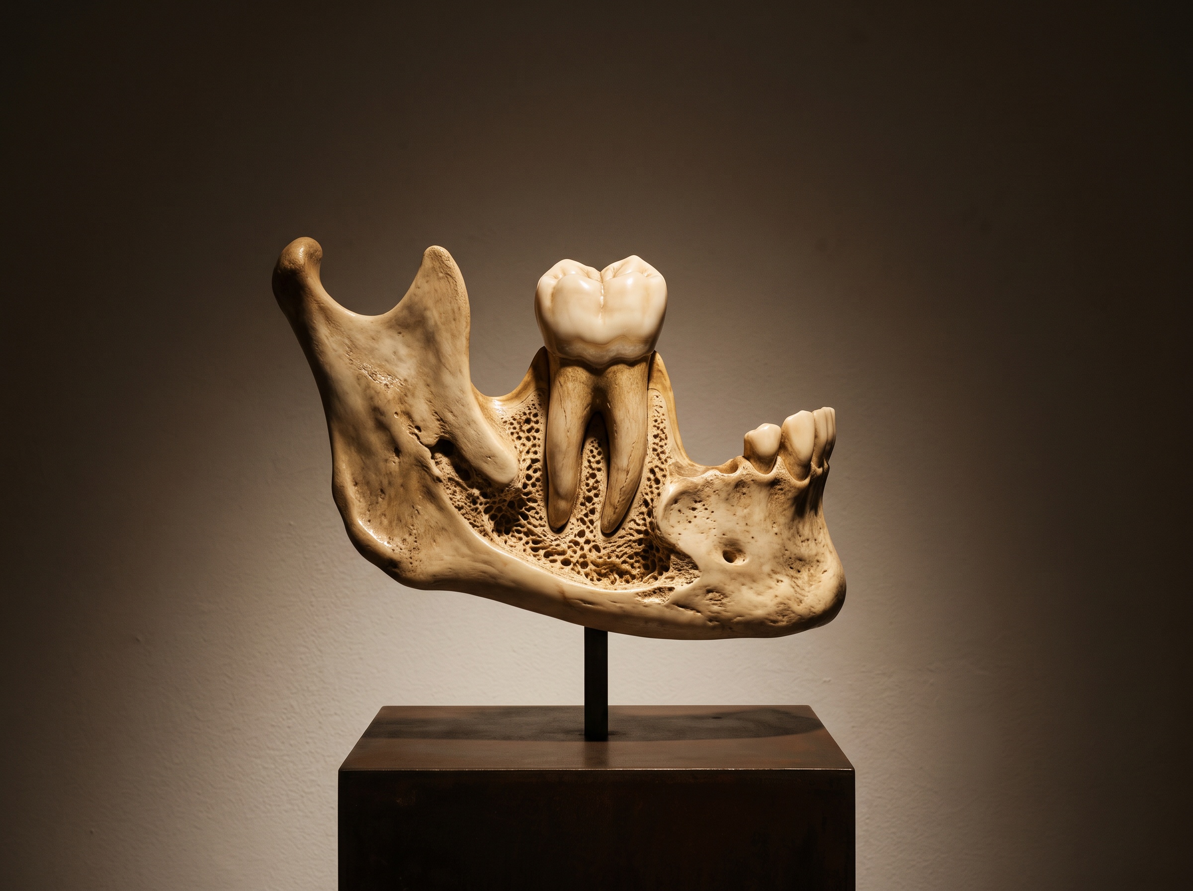 A finished composite of a tooth and jaw where a colour surface flows seamlessly into the bone and root structure beneath, appearing as one natural object