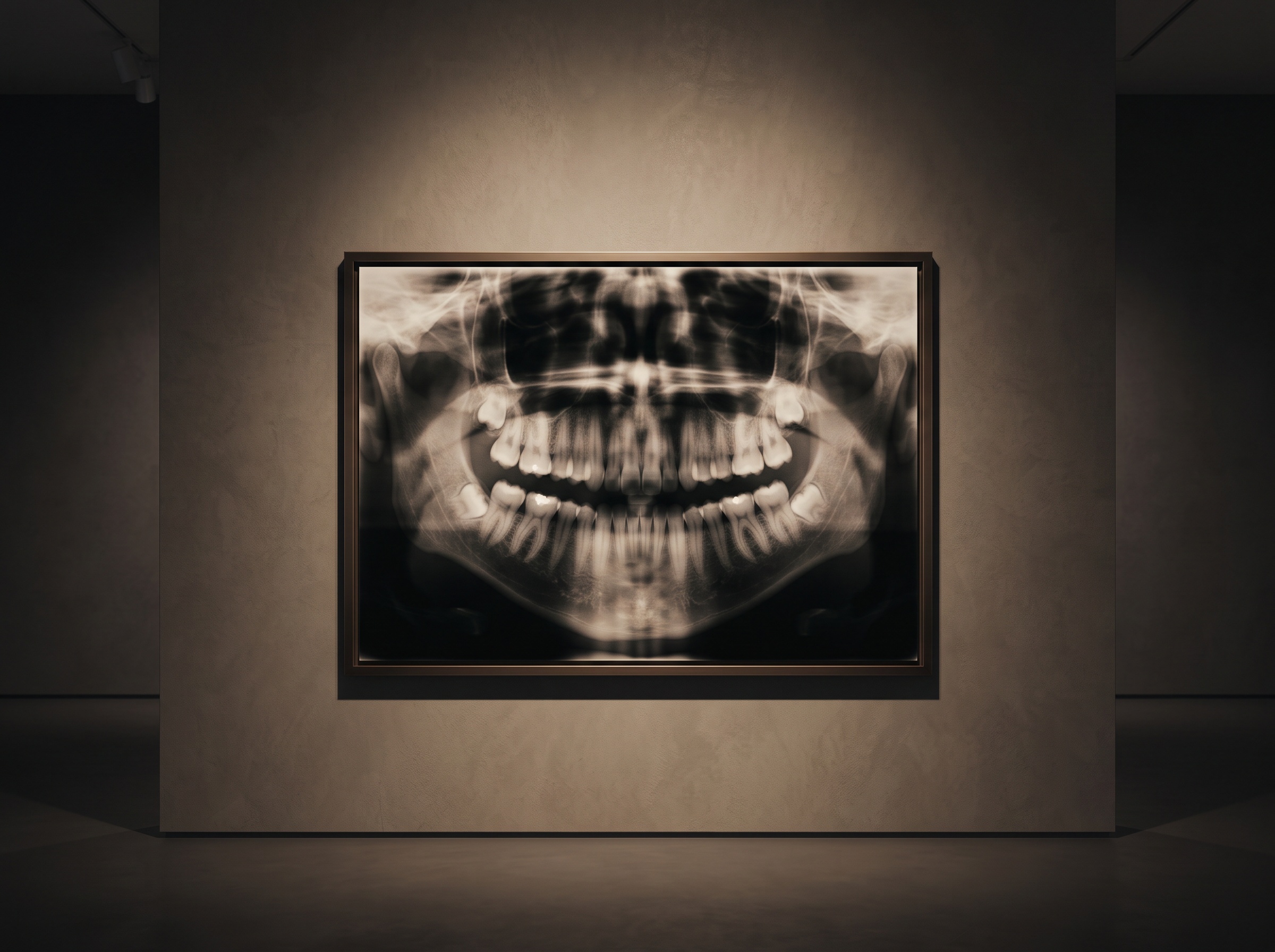 A dental radiograph softened by motion blur and faint doubled ghosting