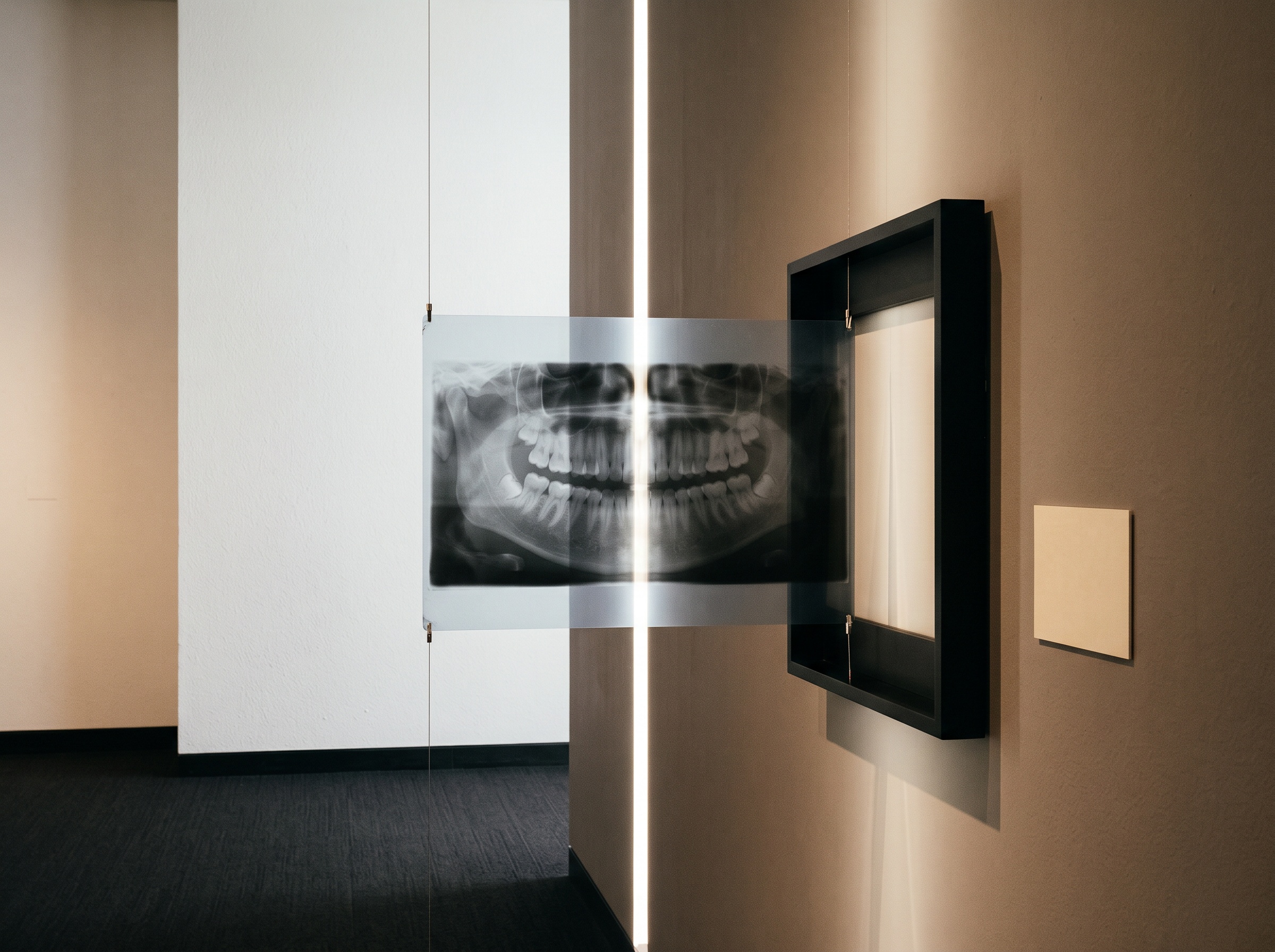 A dental radiograph passing through a luminous checkpoint of light before reaching its frame