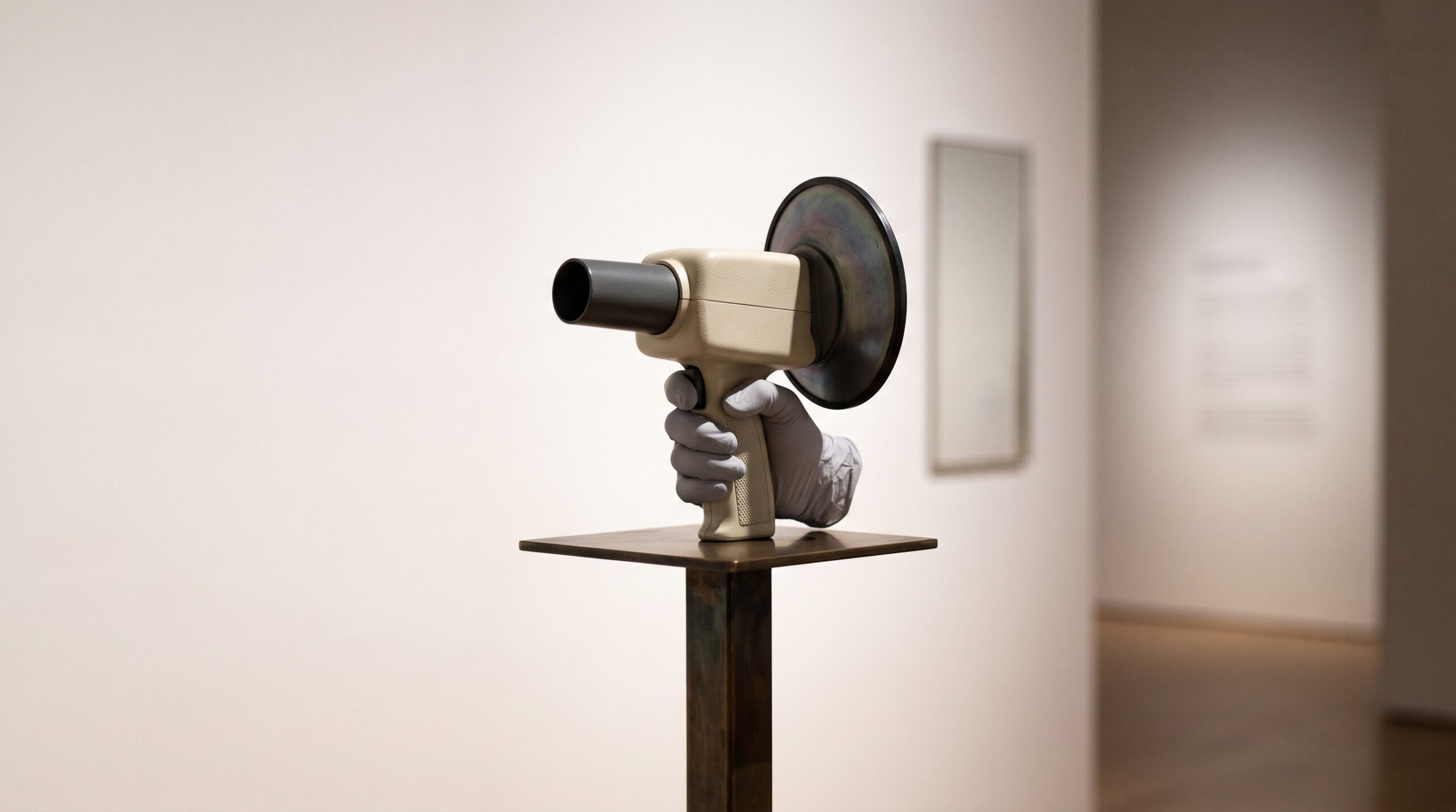 A handheld dental X-ray unit with a round backscatter shield at the cone, held as if it were a piece of gallery sculpture