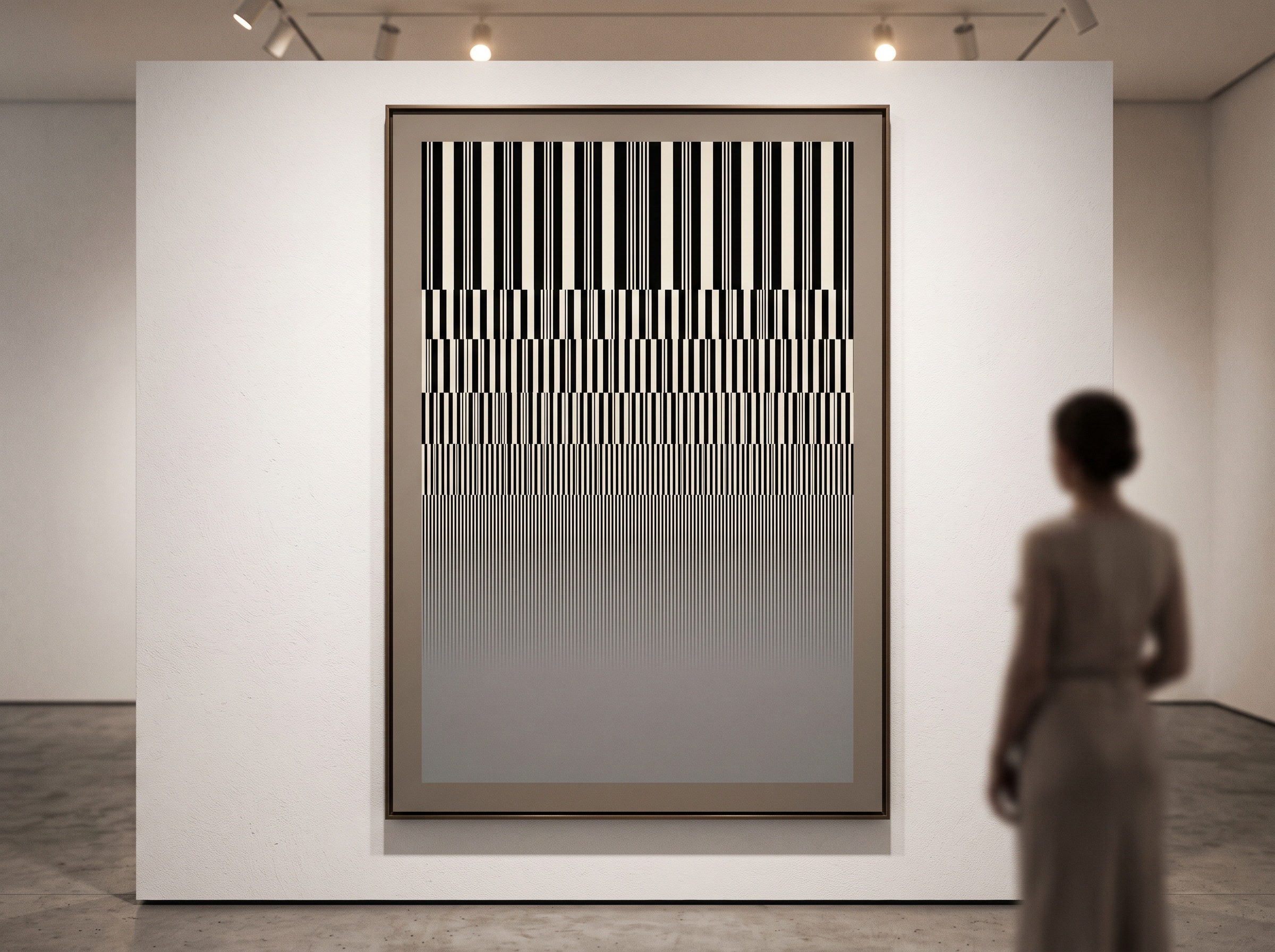 A gallery artwork of black and white line pairs narrowing until they blur into grey, evoking a resolution limit