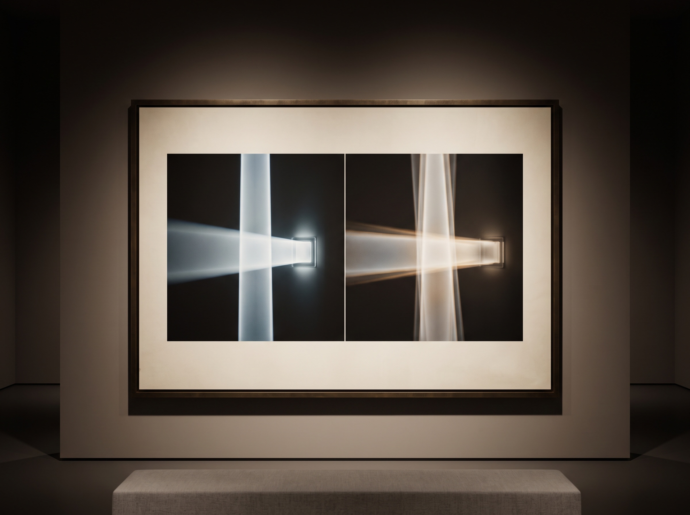 A gallery diptych contrasting a perfectly steady beam with one softened by a faint tremor, evoking motion blur