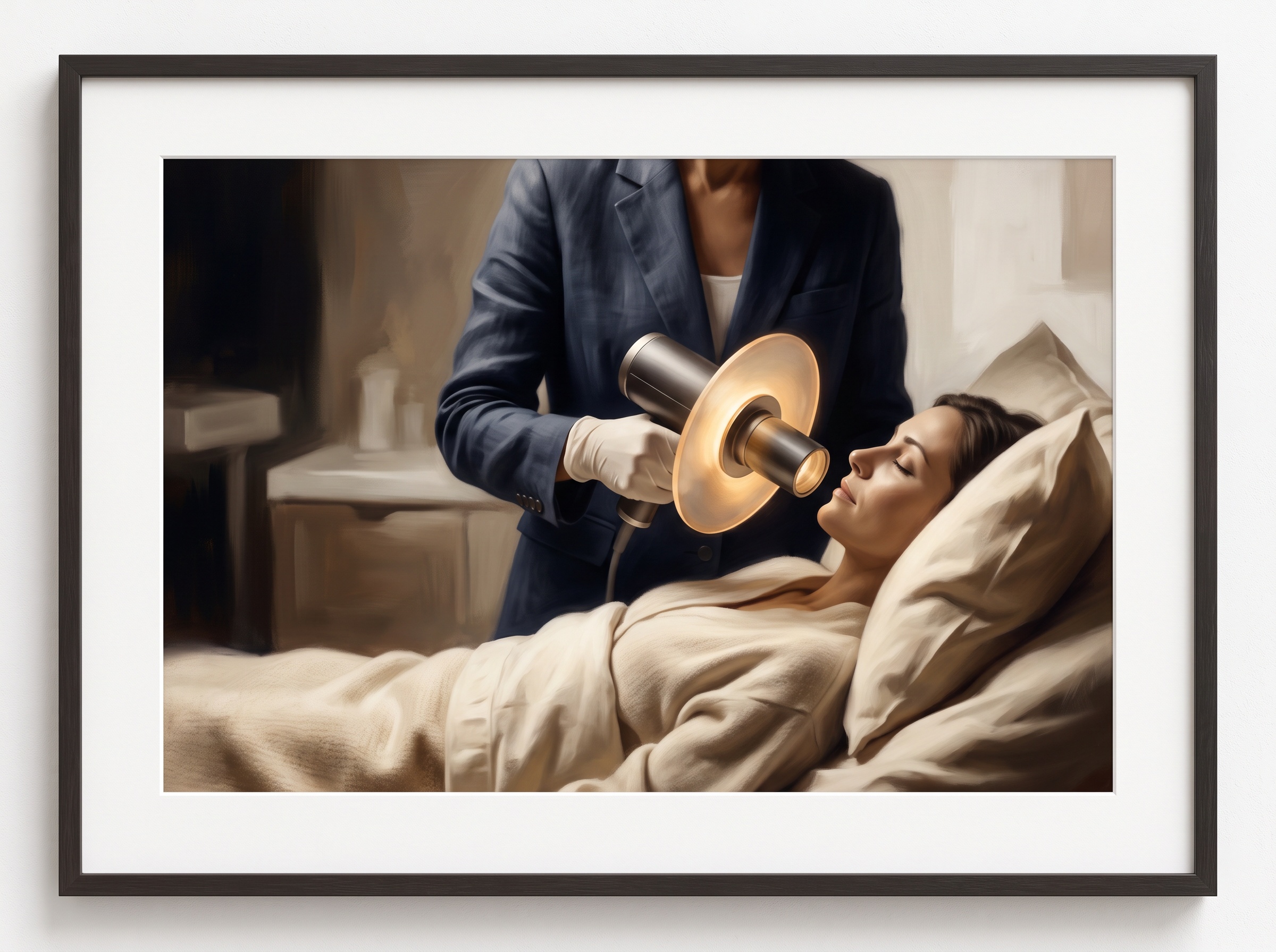 A handheld dental X-ray used with calm precision at a bedside, rendered as dignified gallery art