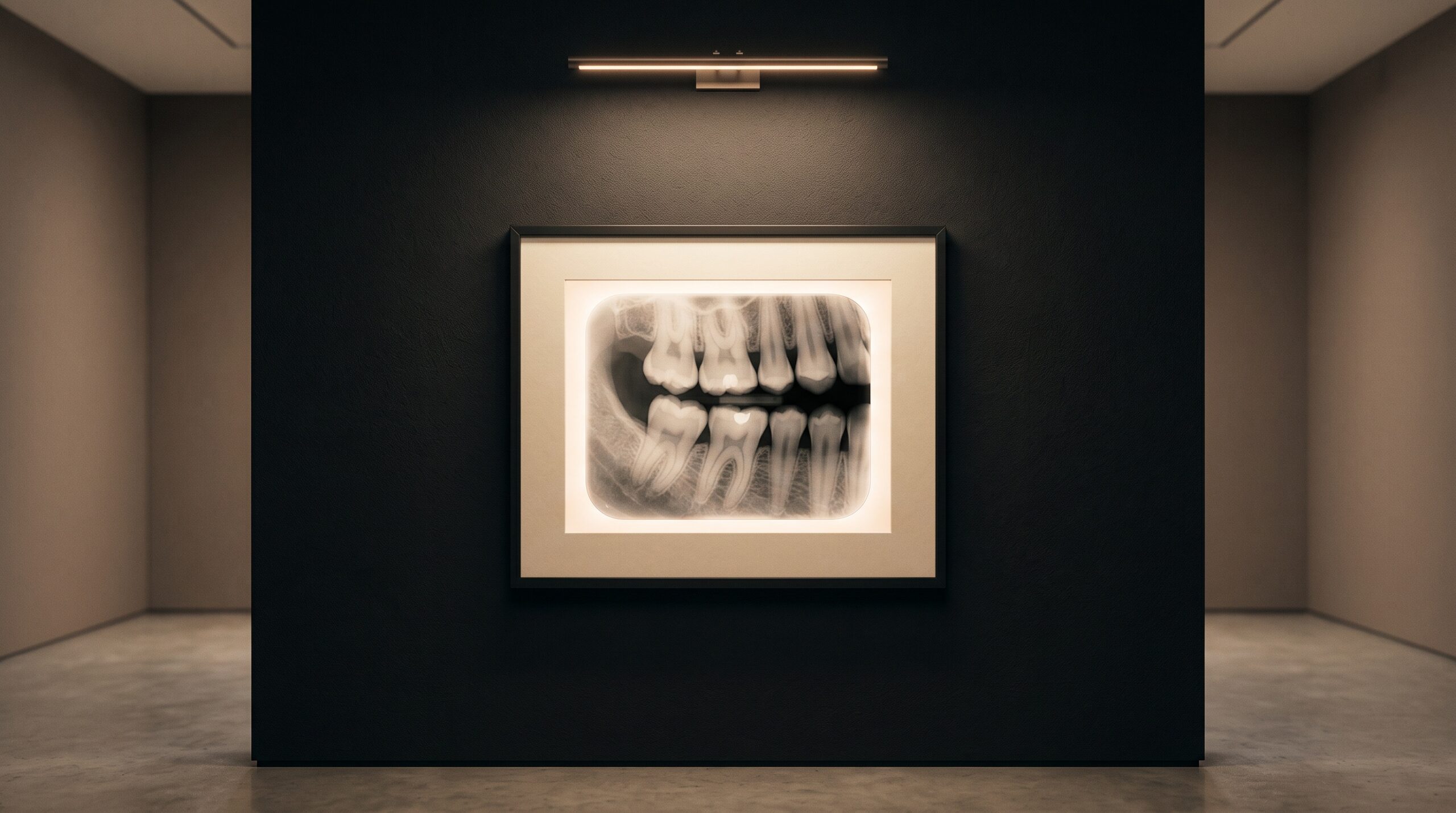 A dental bitewing radiograph presented as framed fine art on a gallery wall