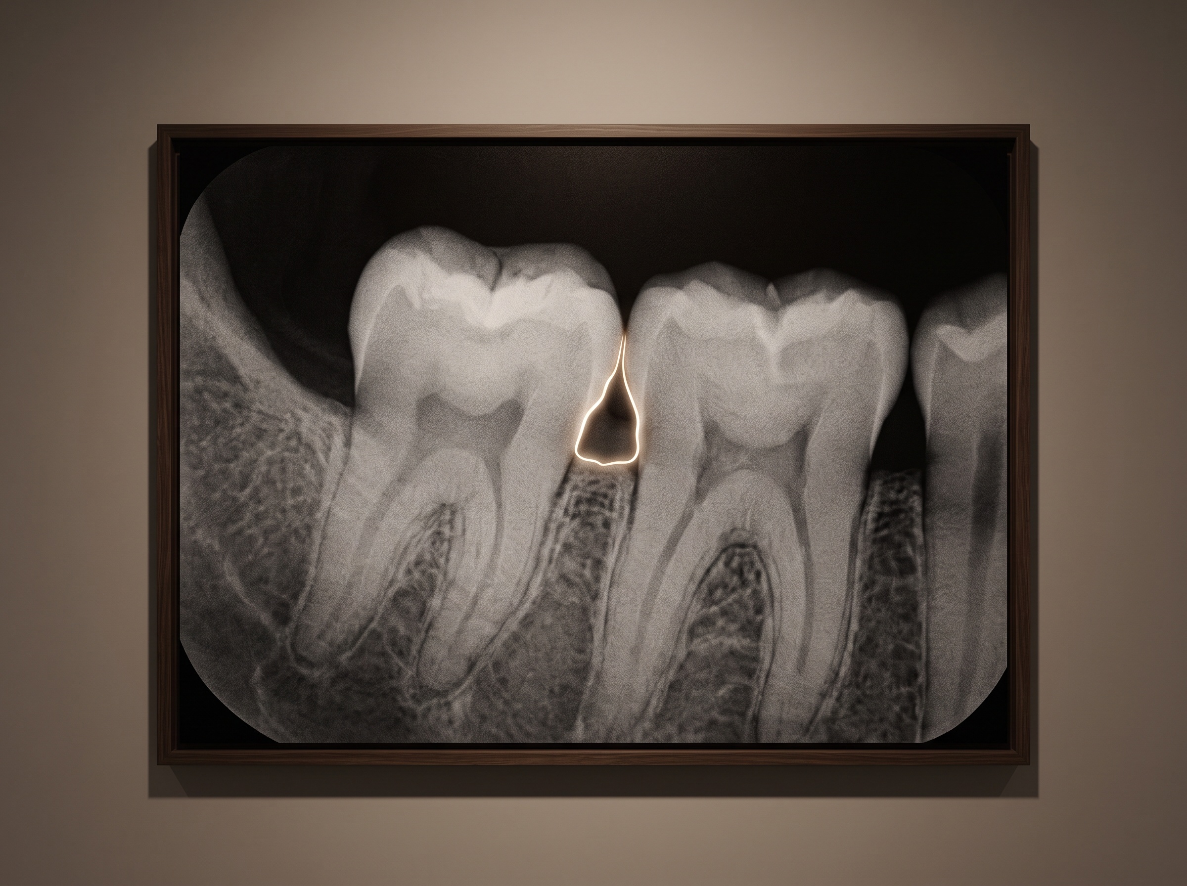 Bitewing radiograph with a soft overlay outline tracing an interproximal lesion between molars