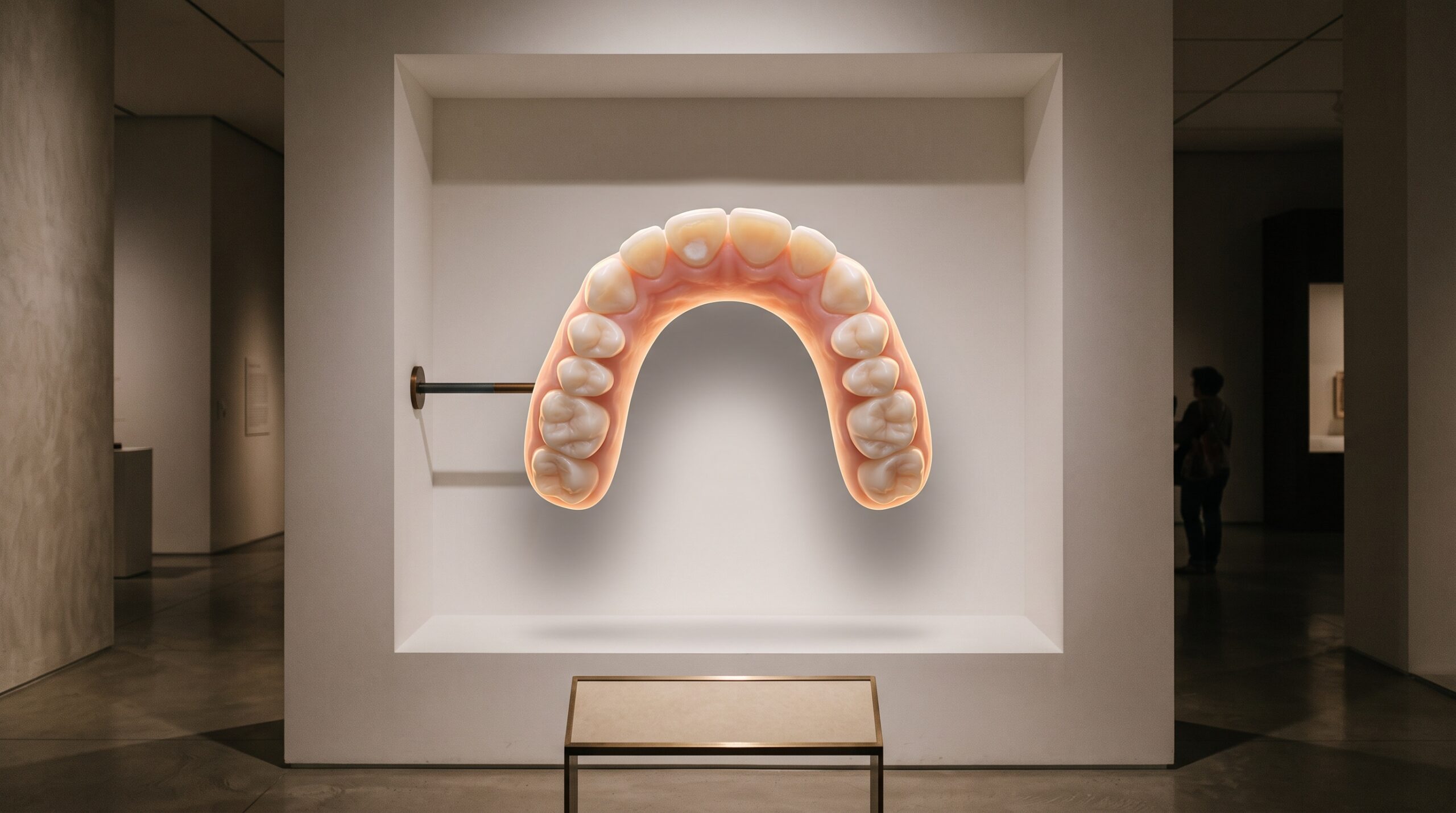 A luminous colour 3D digital model of a child's dental arch displayed as gallery art, one tooth showing a faint chalky white lesion