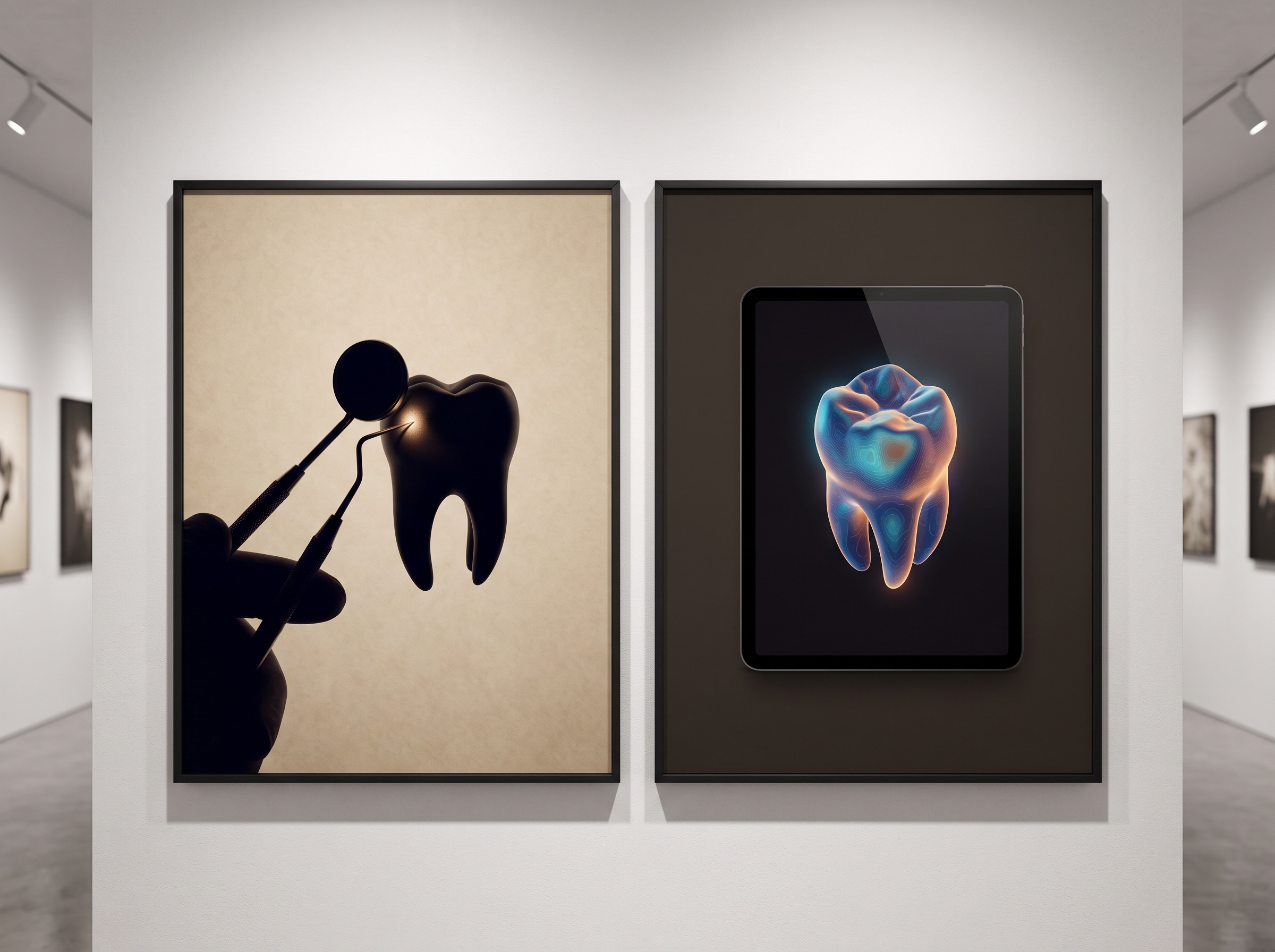 A diptych balancing a chairside mirror-and-light exam against a screen showing the same tooth as a colour 3D model