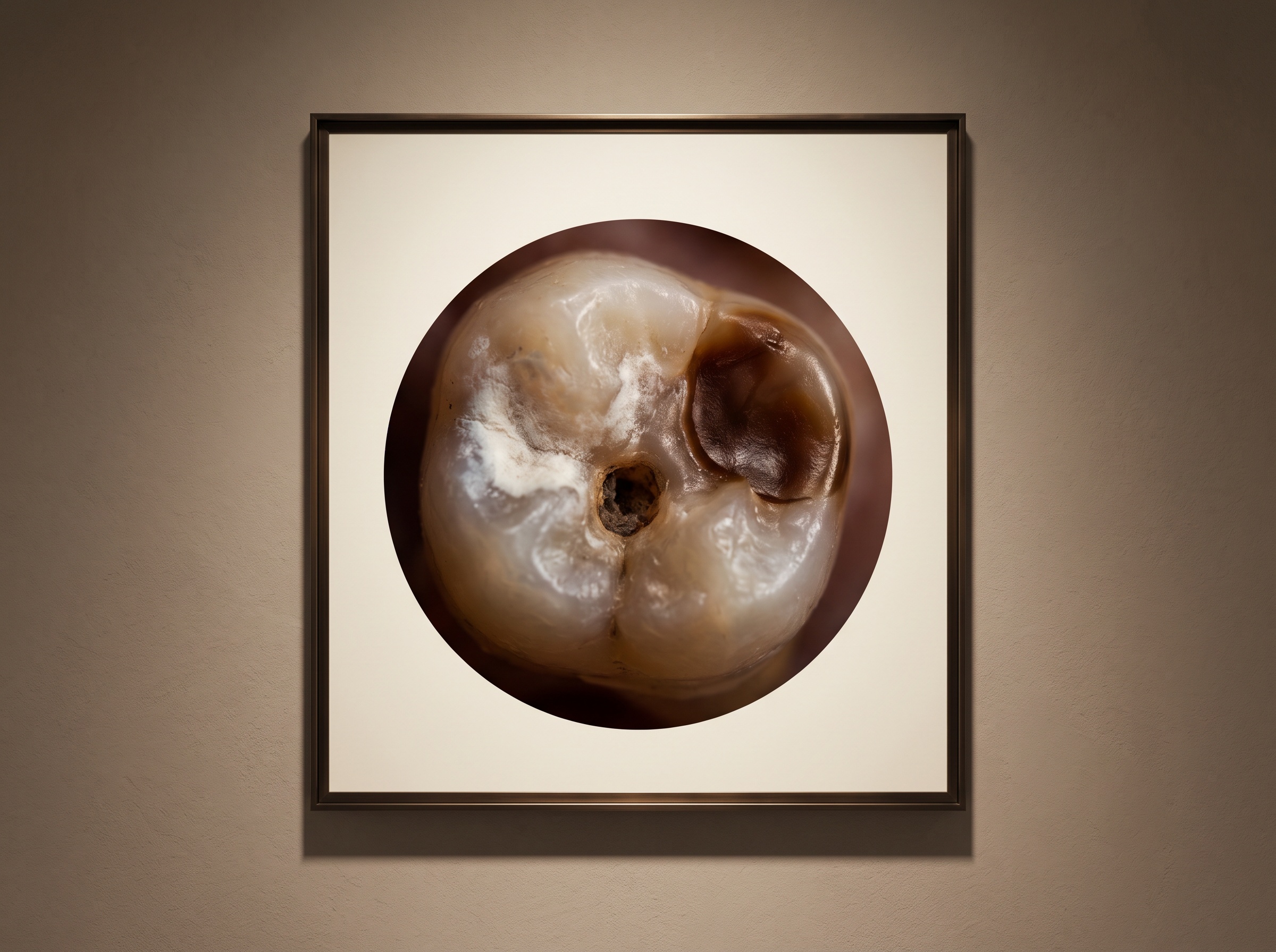 A macro colour study of a molar surface showing a chalky white lesion, a brown arrested spot and a small dark cavity