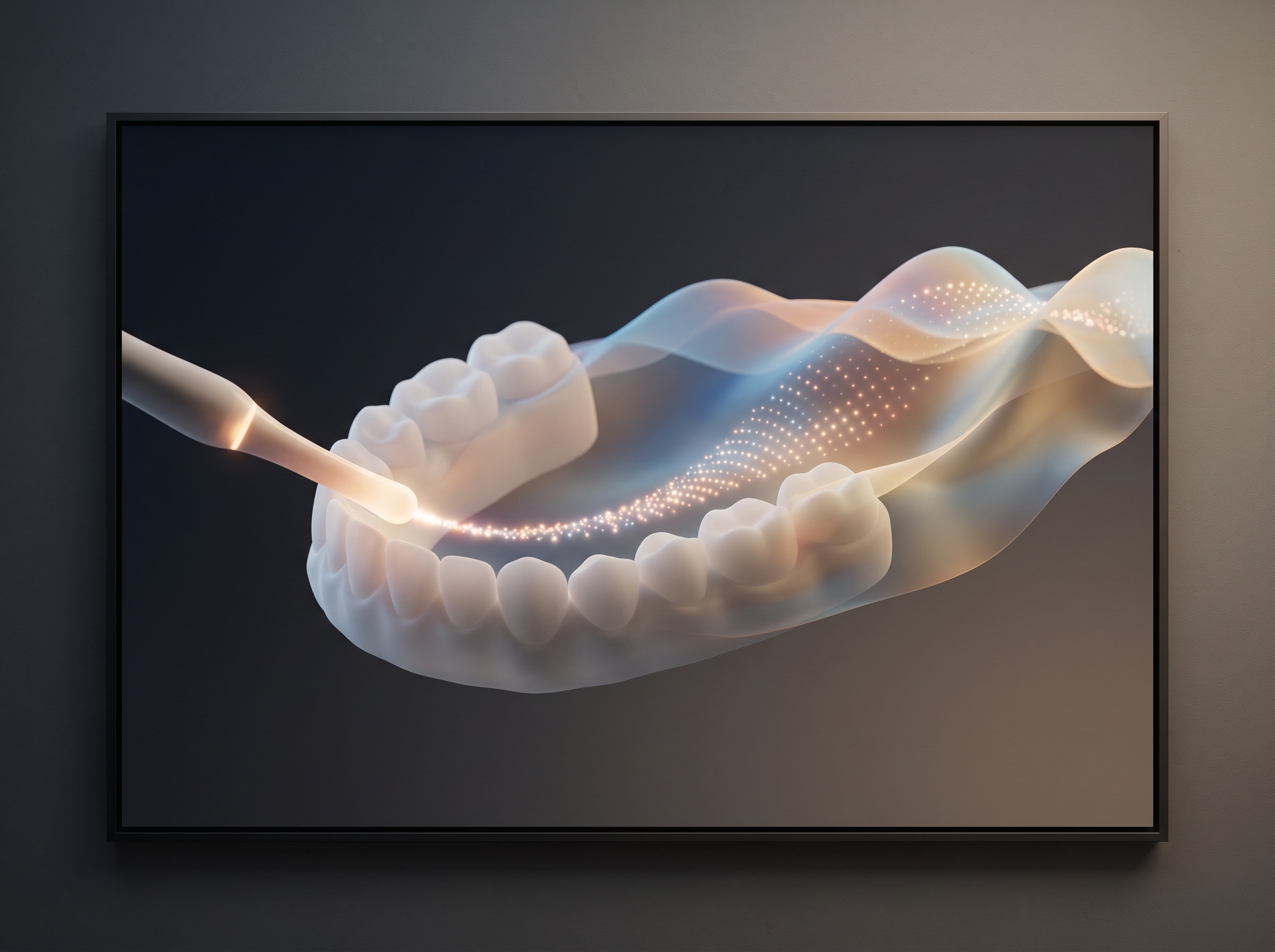 A wand of light tracing a child's dental arch, its points assembling into a luminous 3D colour surface