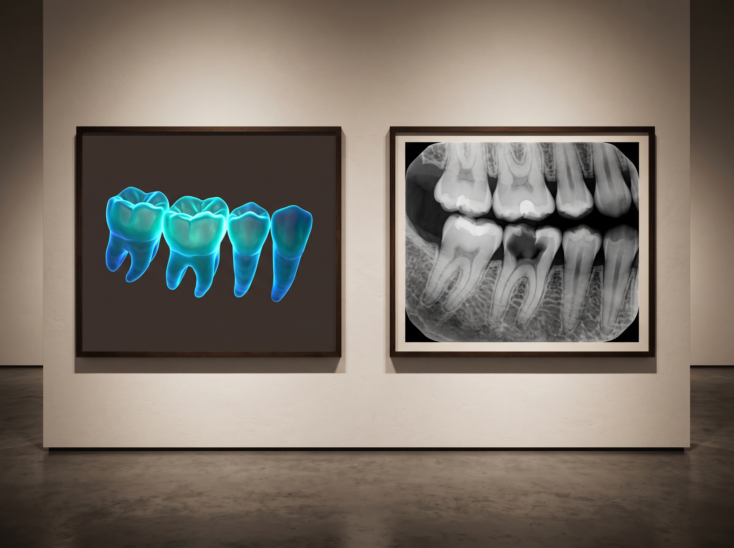 Two panels: a colour surface scan model beside a grayscale radiograph revealing hidden decay between teeth that the scan cannot see