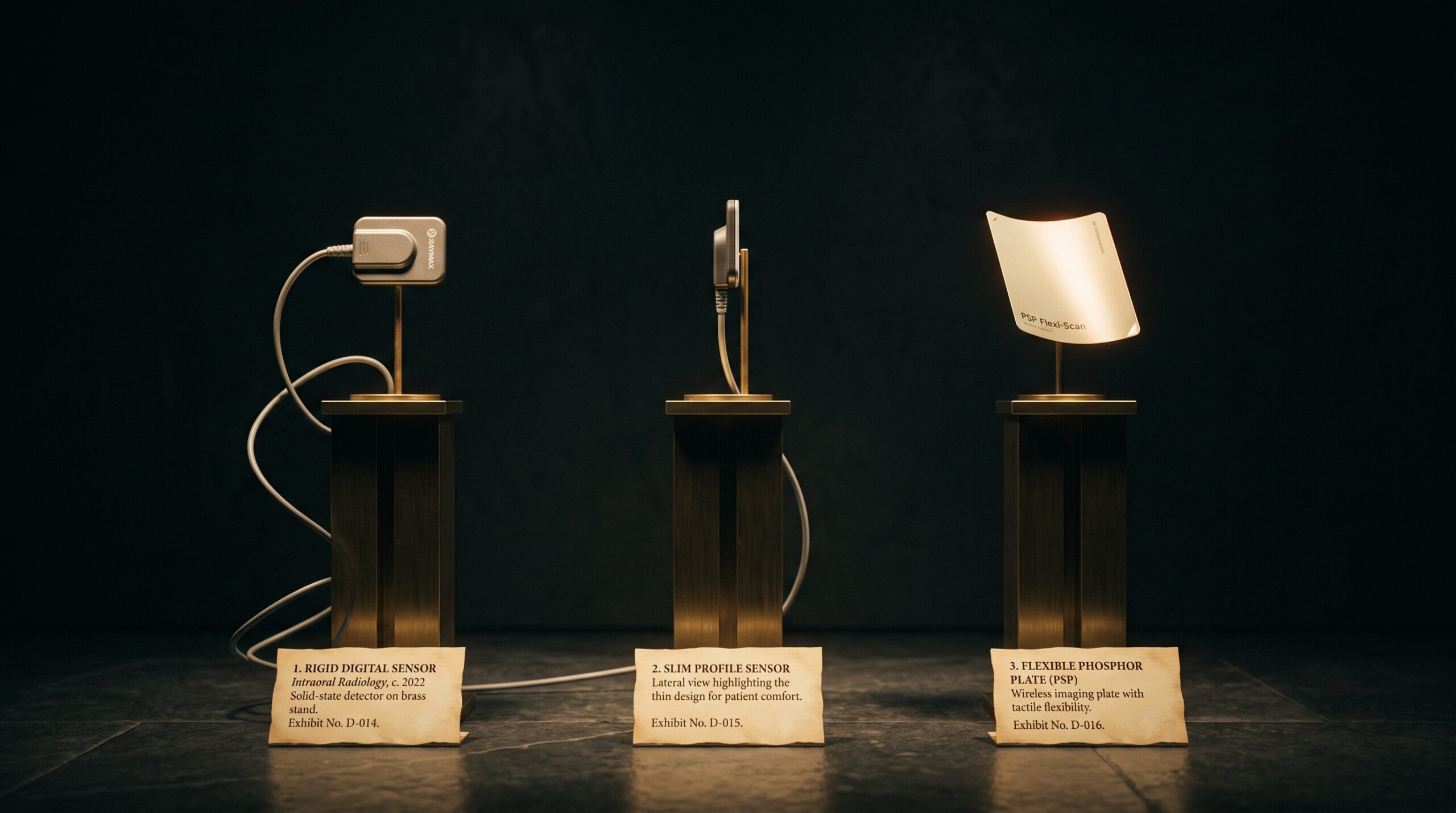 Three dental x-ray detectors displayed as artworks on brass museum plinths: two rigid corded solid-state sensors and one thin flexible phosphor plate.