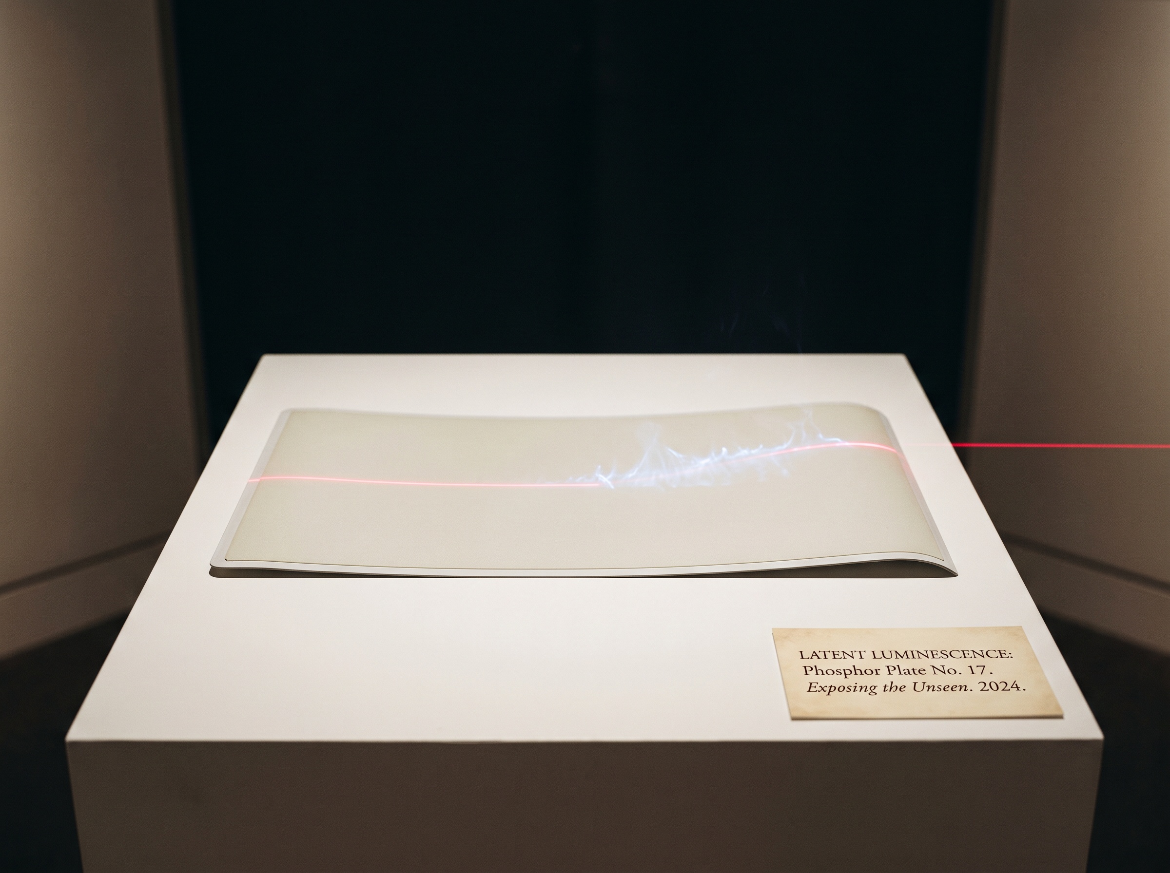 A flexible phosphor plate scanned by a red laser line that releases a faint blue-white glow, reading out the stored latent x-ray image.