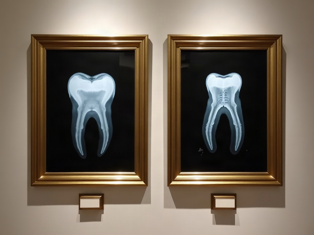 Two framed periapical radiographs: a very sharp high-resolution image on the left, and a slightly softer image with a wider smooth tonal range on the right.