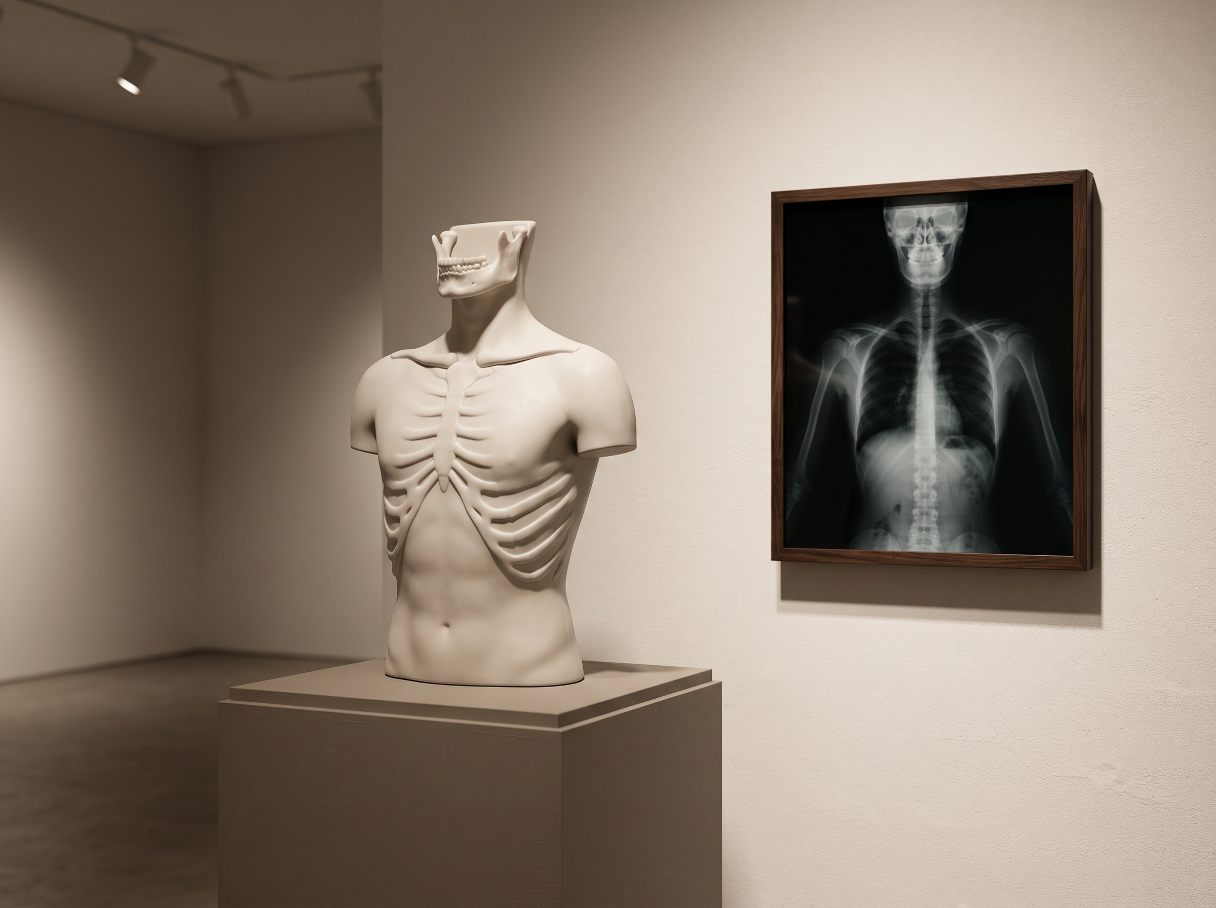 A lifelike anatomical phantom of a torso and jaw displayed as gallery sculpture beside a faint framed X-ray of the same region