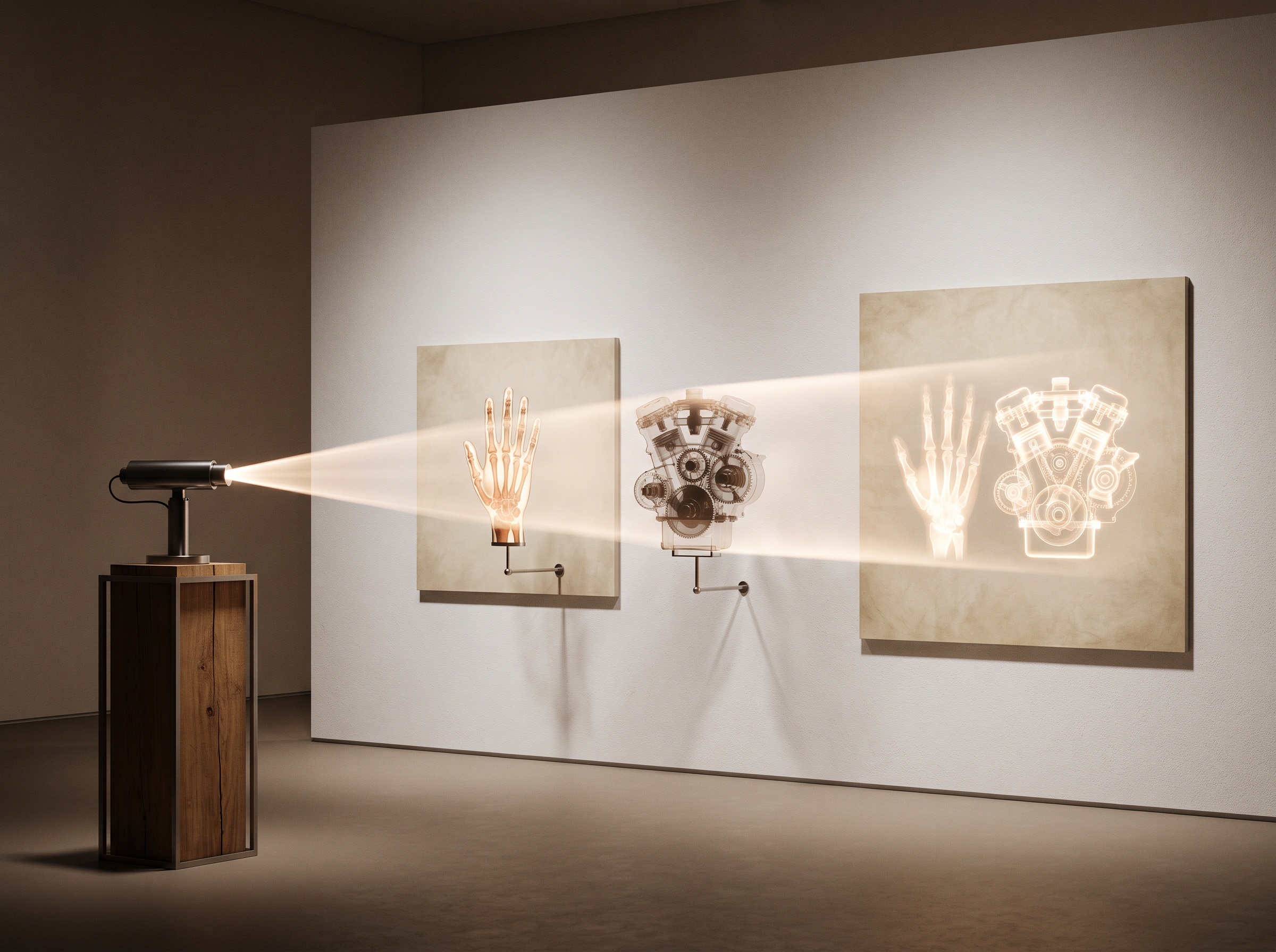 A soft luminous cone of X-ray light passing through an object and resolving into a clear internal image on the far side