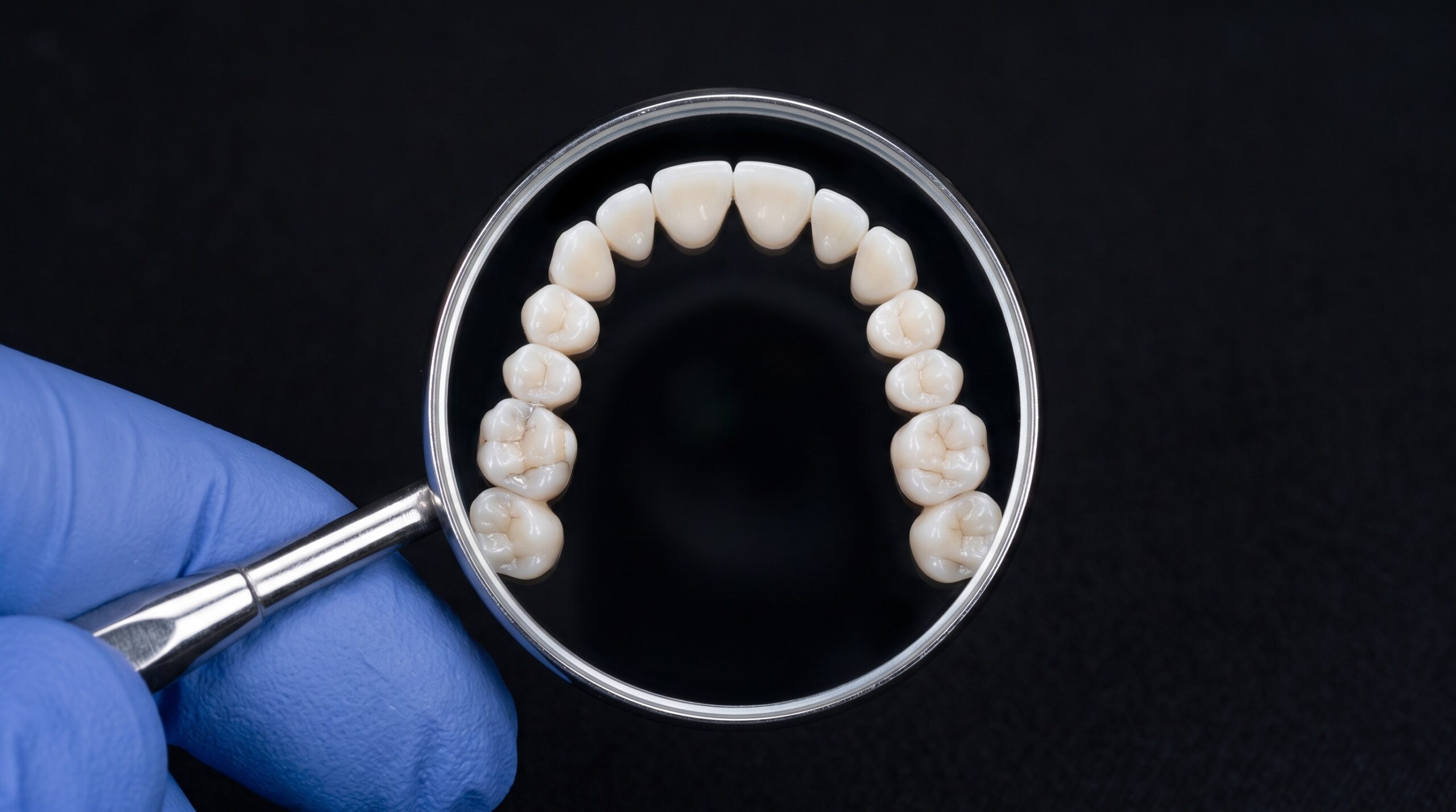 Occlusal mirror reflection showing the biting surfaces of a full upper dental arch