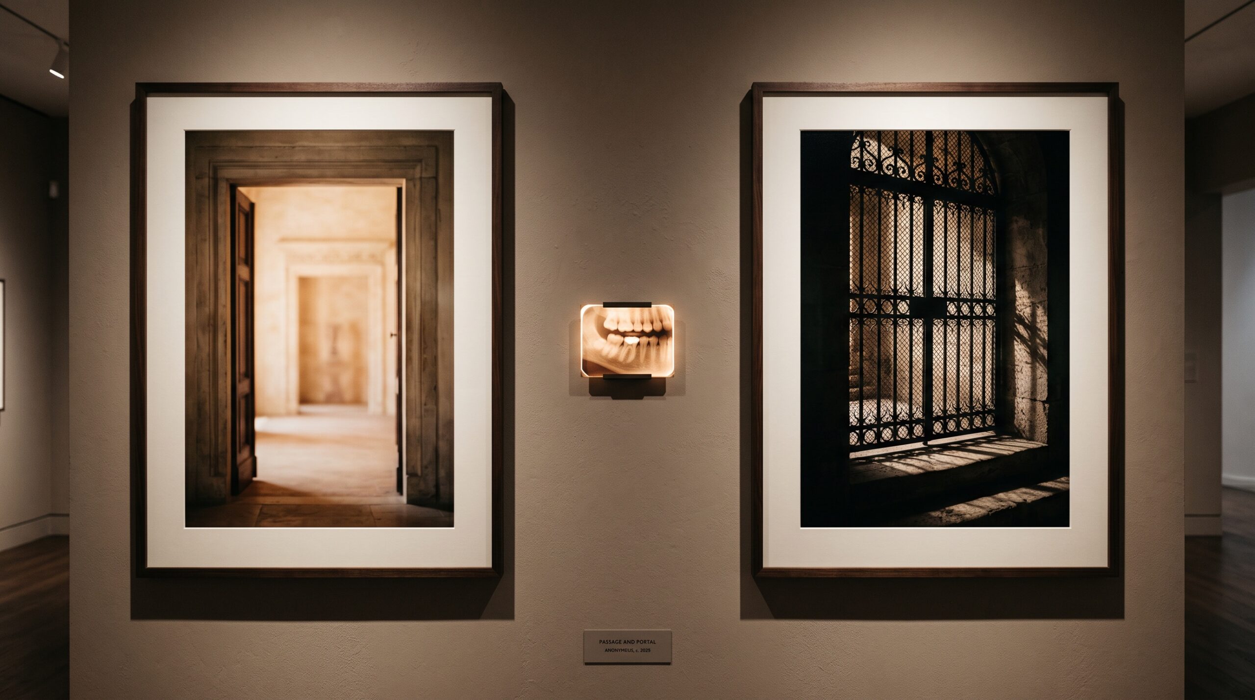 Two framed panels in a gallery - an open door of light and a closed gate - with a radiograph between them
