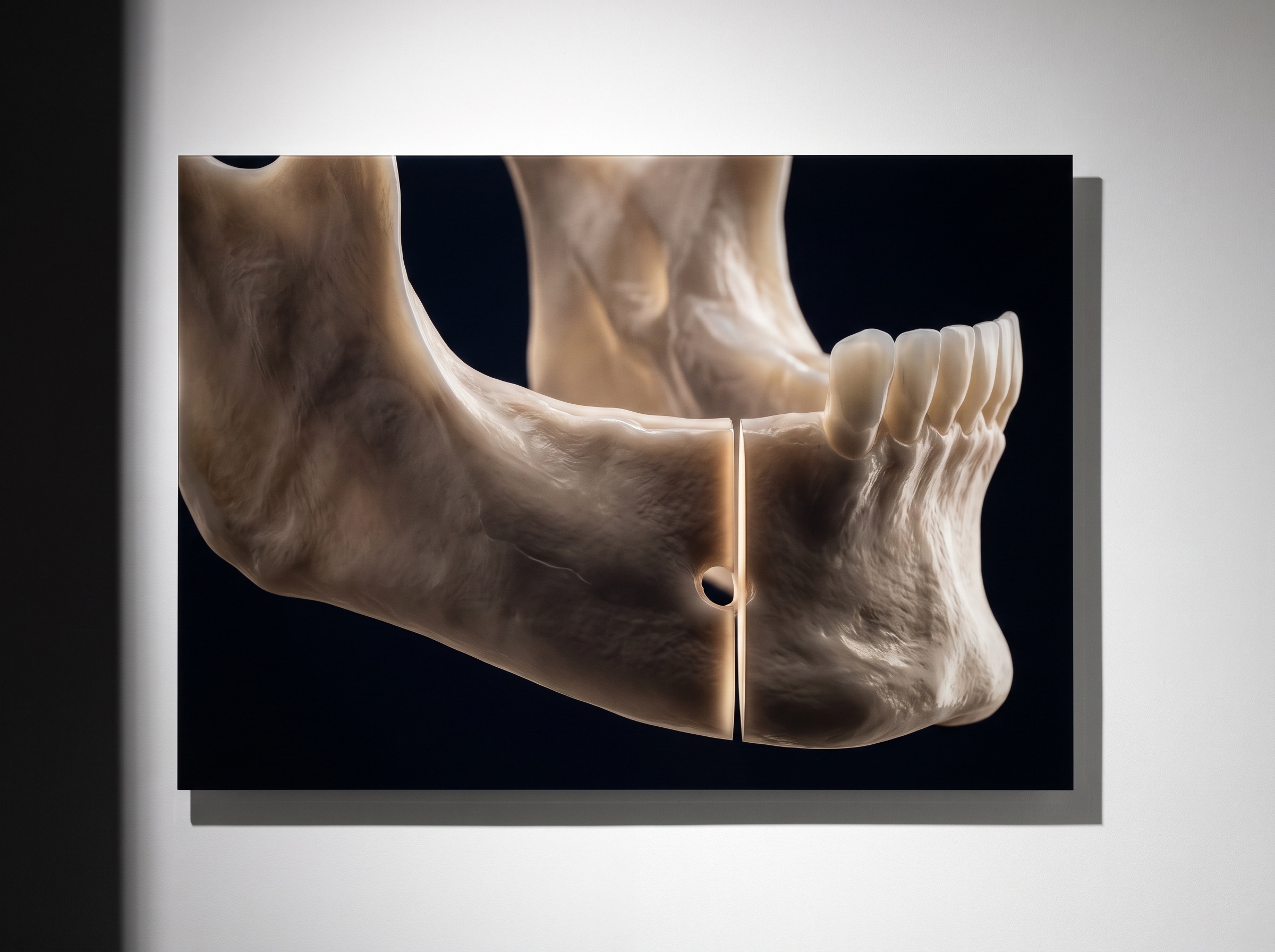 A luminous study of the lower jaw near the mental foramen, with a slender line spanning the thickness of the bright cortical bone band beside the small round mental foramen