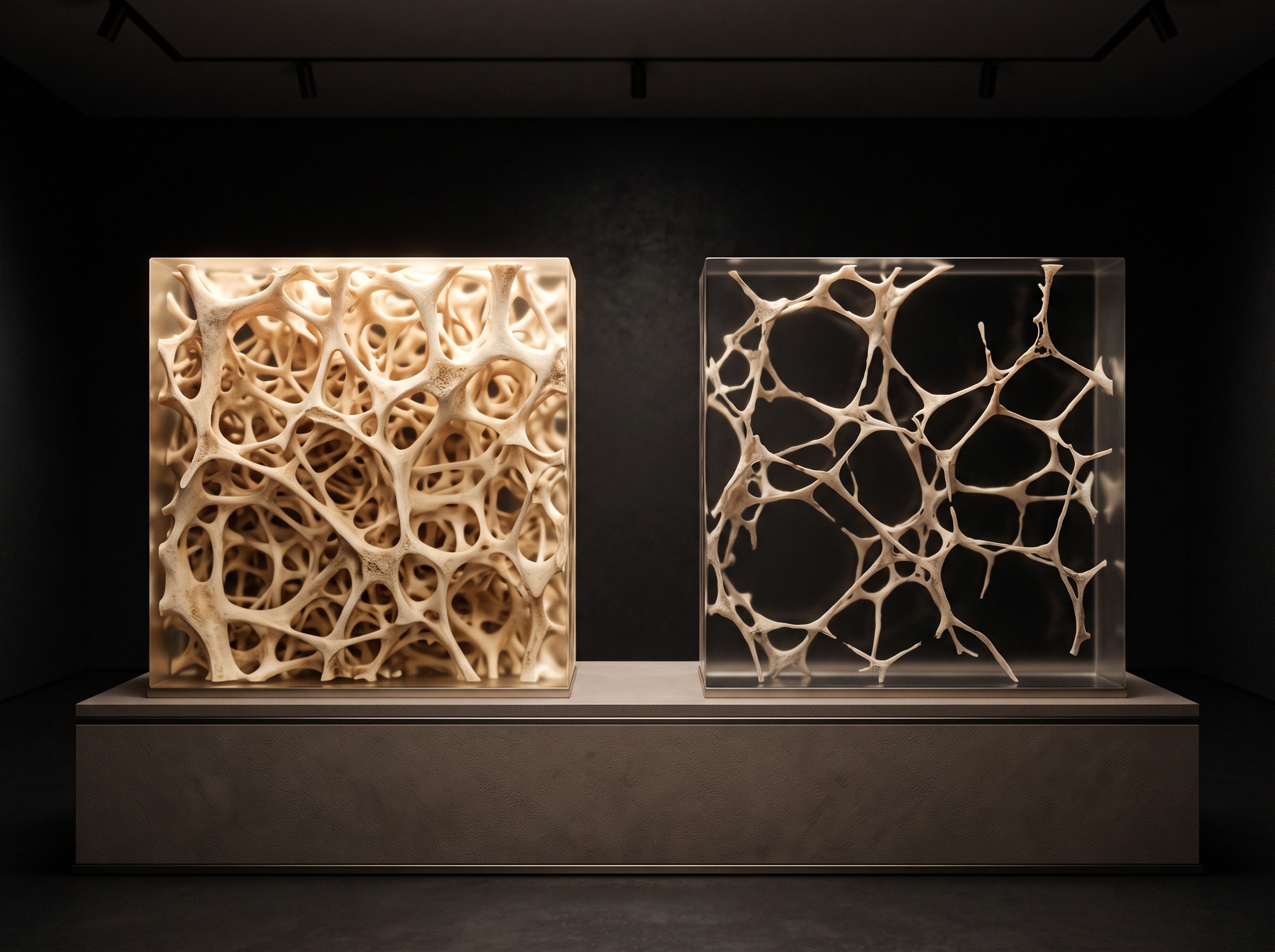 A diptych contrasting dense healthy bone with fine tightly-woven internal struts against sparse thinned bone with widely-spaced fragile struts and dark voids