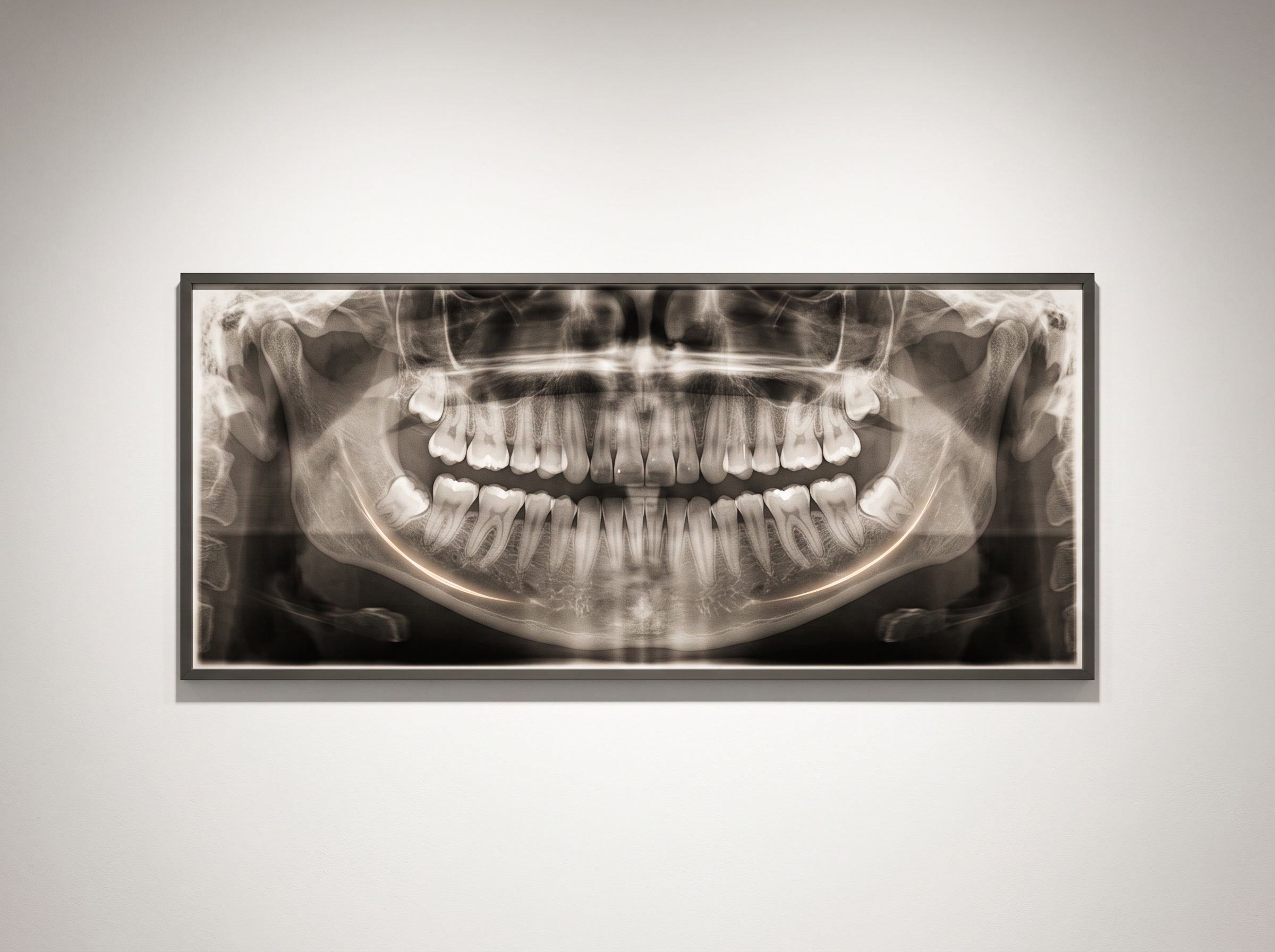 A panoramic radiograph as finished artwork with a soft glowing highlight automatically tracing the inner margin of the lower mandibular cortex, as if quietly marked by an unseen intelligence