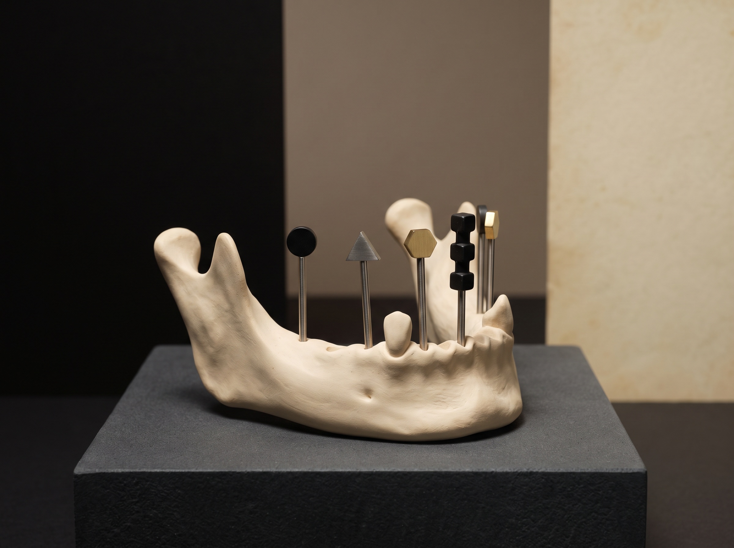 An edentulous arch model fitted with several upright coded photogrammetry marker flags, shown as gallery art