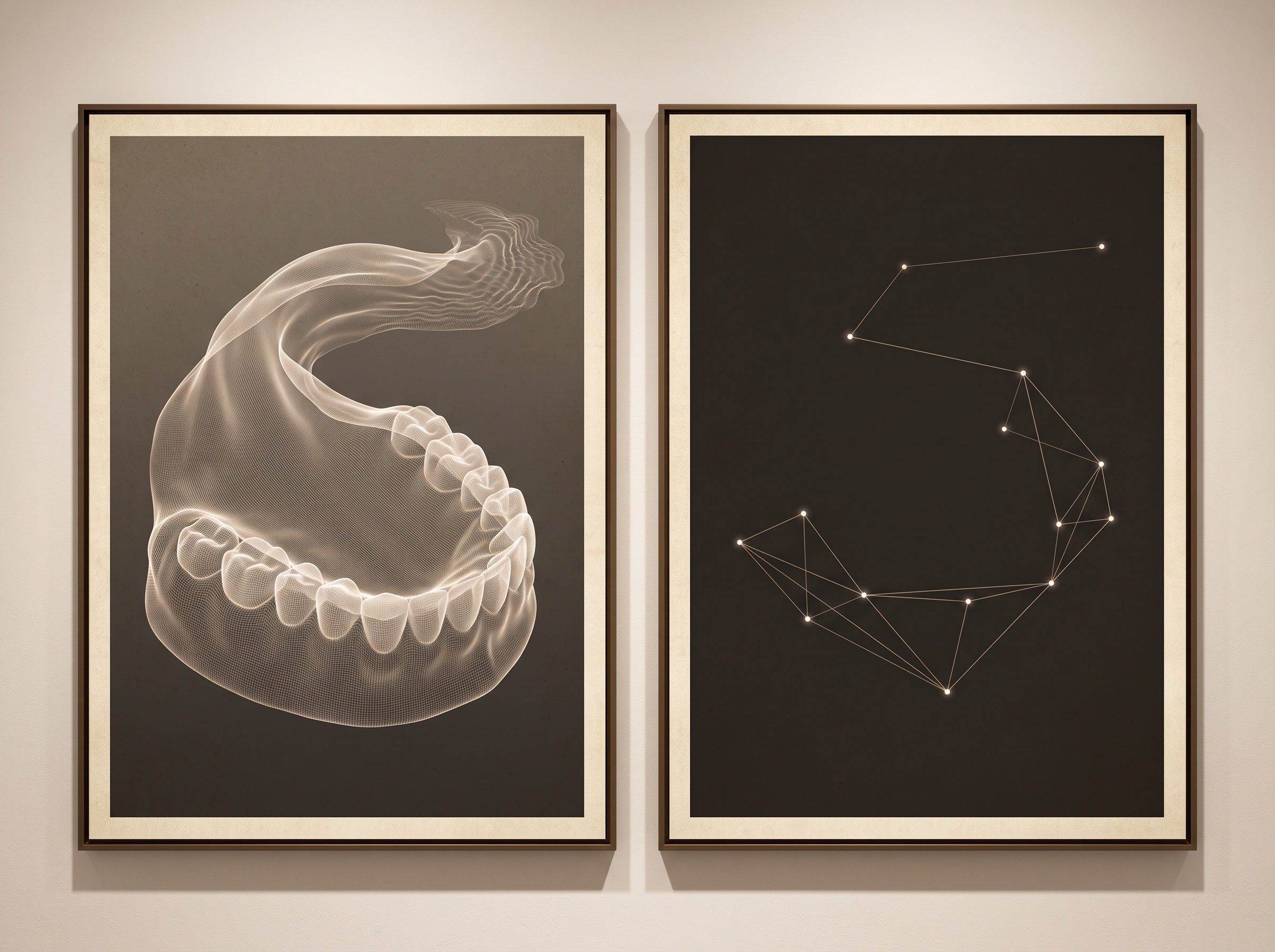 A gallery composition contrasting a dense surface mesh that distorts toward its end with a sparse set of perfectly triangulated points