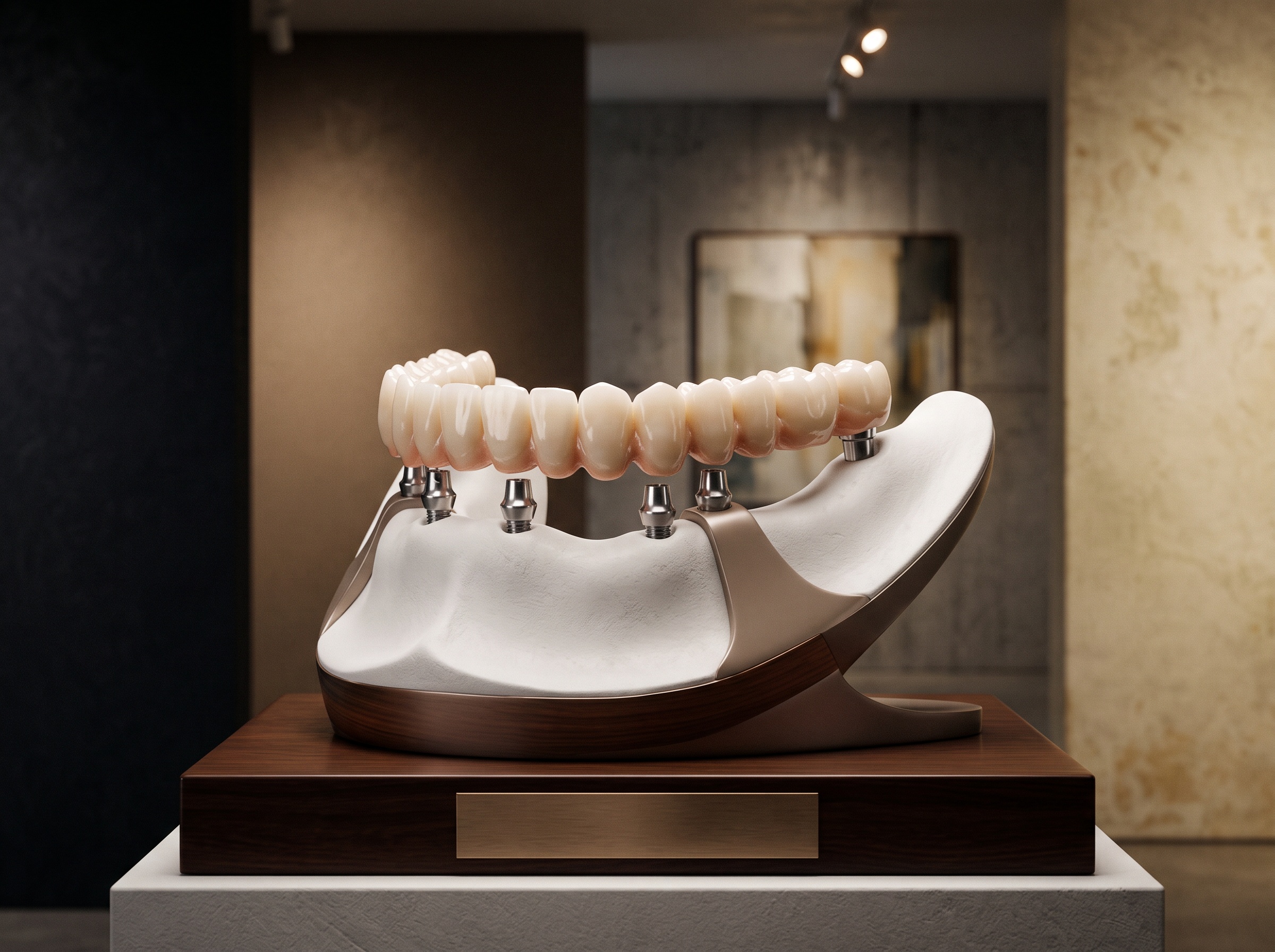 A full-arch implant bridge seated with perfect passive fit, presented as refined luminous fine art