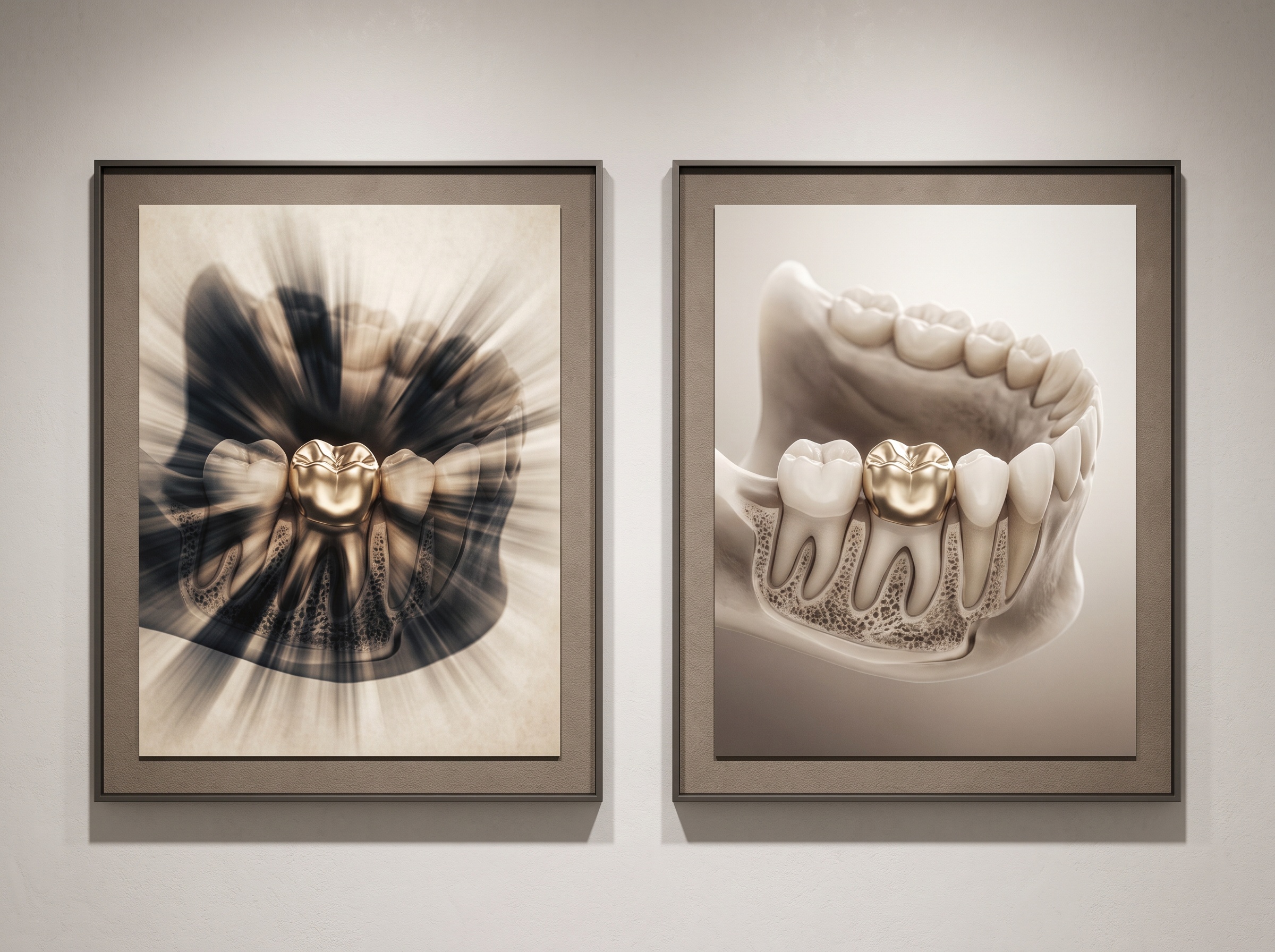The same dental volume with a metal restoration shown twice: first marred by harsh radiating streaks obscuring the anatomy, then clean with the streaks dissolved away